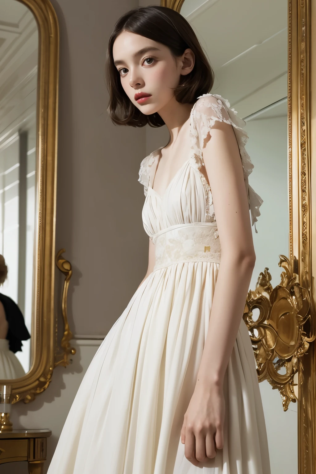 Close up of person wearing dress and mirror, Works inspired by Cecil Beaton, Inspired by Vanessa Beecroft, Tim Walker's Style, Artwork inspired by Cindy Sherman, In the style of Cecil Beaton, Works inspired by Coles Phillips, 1 9 2 0 seconds minimalistic style, Inspired by Balthus, Inspired by Balthus, Nan Goldin's style