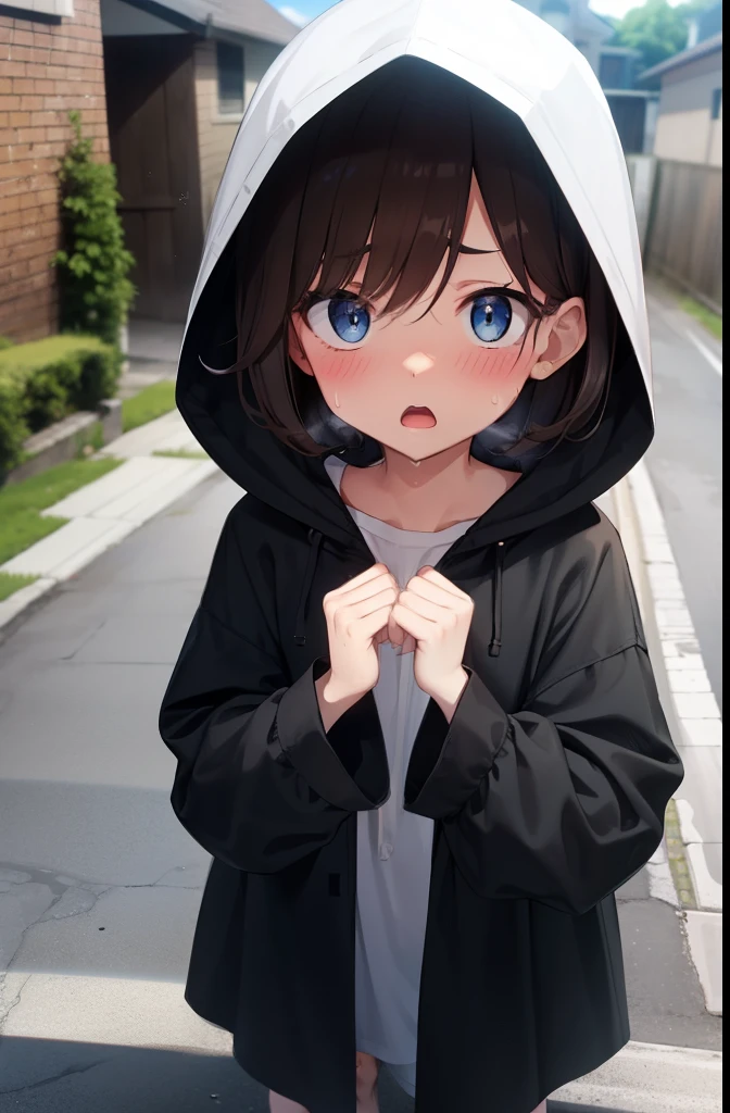 Residential Street,Are standing,1 ,Bob Hair,Brown Hair,blue eyes,blush,black long raincoat,barefoot,White skin,summer,Put on the hood,From above,strengthen,surprised,shy,Sweat,Open your mouth,