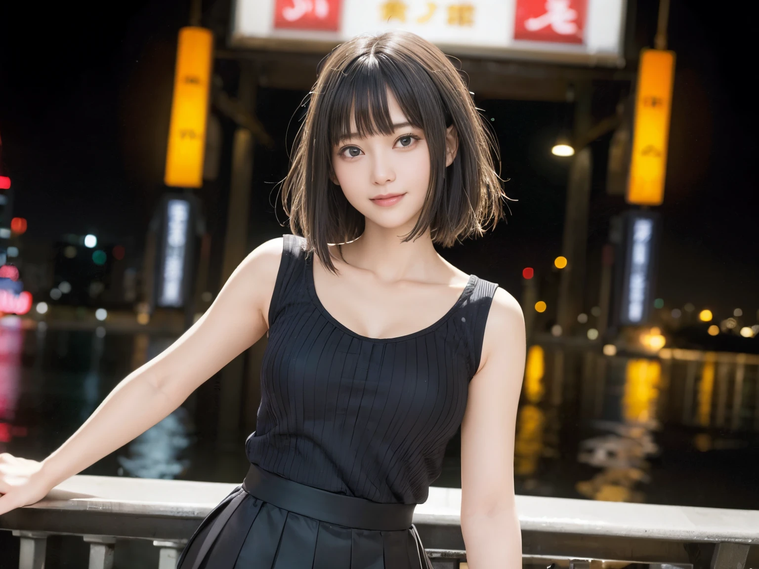 (Realistic: 1.4), (highest quality: 1.4), Ultra-high resolution, (fine grain),Full Body Shot,((Pose for gravure photography)),1. High school girl、Short Cut、(Straight bangs)、,1 girl, Tokyo, night, Cityscape, City lights, Black camisole,Black pleated skirt, smile, (8k, RAW Photos, highest quality, masterpiece: 1.2), (Genuine, photoGenuine: 1.37),smile,Idol,