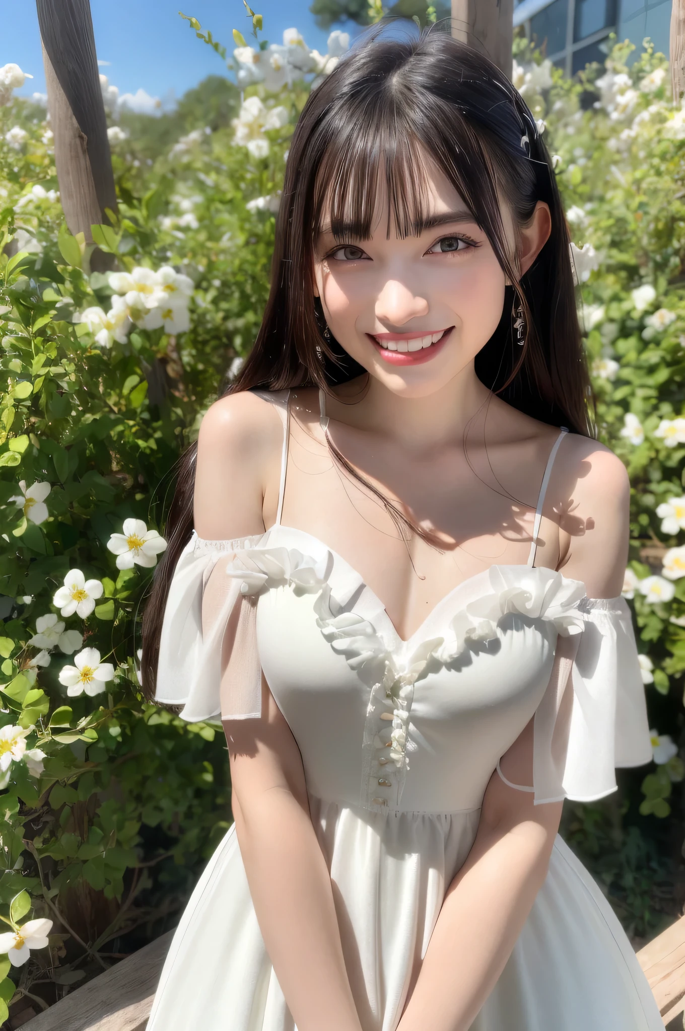 Best quality, masterpiece, ultra high res, (photorealistic:1.4), raw photo, 1girl, white dress, off shoulder, blossom flower field, glowing skin, light smile