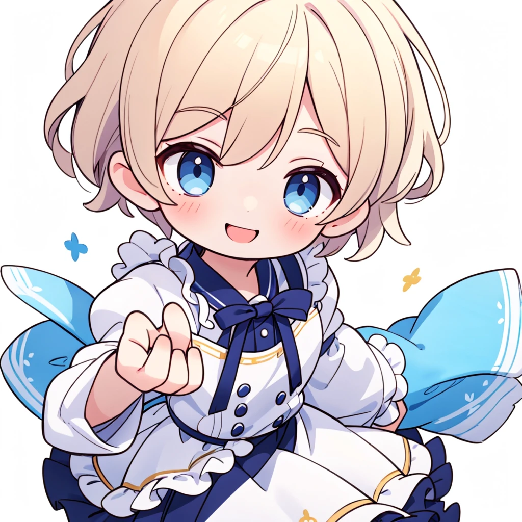1boy、3 Talents、(masterpiece, highest quality),(Detailed Hair), Super detailed, Anime Style, whole body, Little、cute、whole bodyきぐるみ、Milky white short hair、blue eyes、 , Digital Painting, 8K High Resolution, whole body, White Background, Dynamic pose,Dynamic composition、すごいcutesmileで視聴者にむかってわらっている、smile、pastel colour、He looks like he wants to be held.、