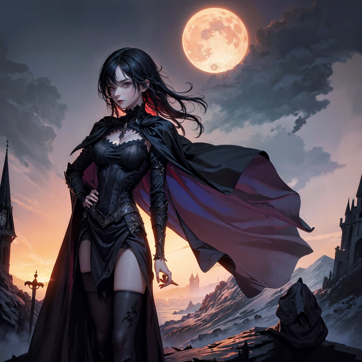 best quality, 4k, high resolution, masterpiece:1.2, Very detailed, actual:1.37, Mood lighting, girl in cloak, Wearing a tight gothic skirt that shows a little skin above the chest, Dangerous sneer, Stand sideways, Crucified, Pitch black sky, Red Moonlight, strange atmosphere, Gothic style, Unforgettable beauty, Dramatic shadows, Ethereal Light, Mysterious atmosphere.