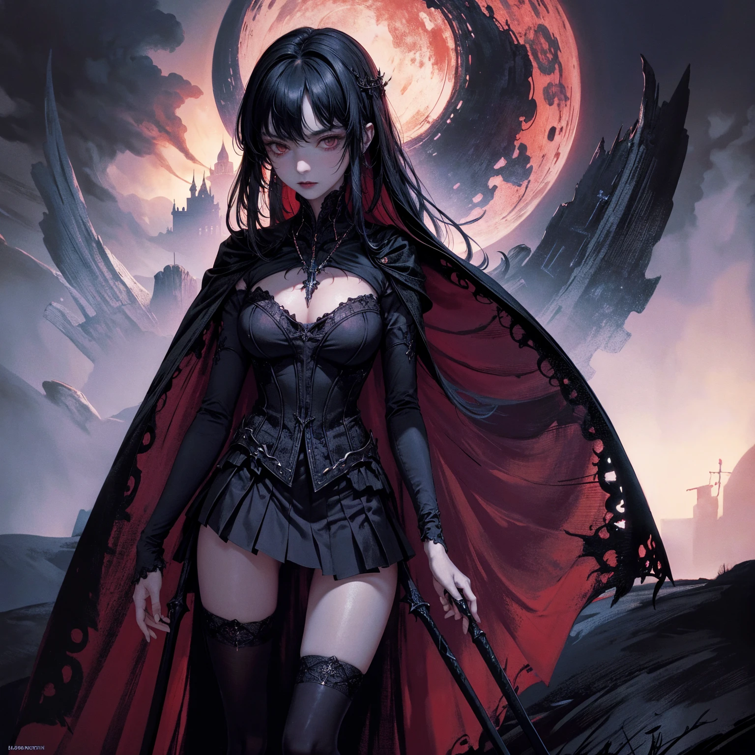 best quality, 4k, high resolution, masterpiece:1.2, Very detailed, actual:1.37, Mood lighting, girl in cloak, Wearing a tight gothic skirt that shows a little skin above the chest, Dangerous sneer, Stand sideways, Crucified, Pitch black sky, Red Moonlight, strange atmosphere, Gothic style, Unforgettable beauty, Dramatic shadows, Ethereal Light, Mysterious atmosphere.