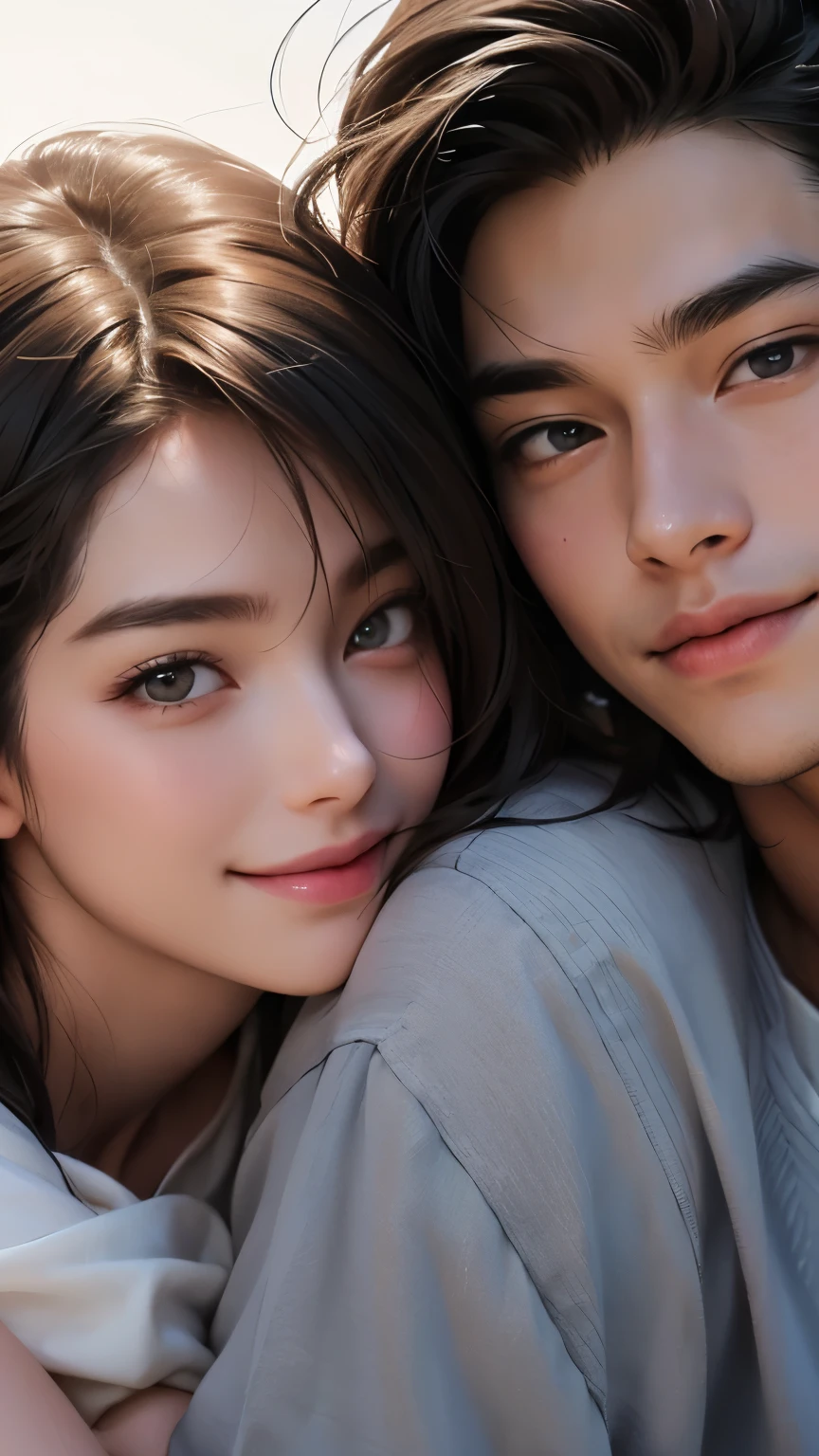 A man and a woman in loose, refreshing clothes are rubbing cheeks together、Looking straight at the camera and smiling, The background is a plain gray gradient, Close-up