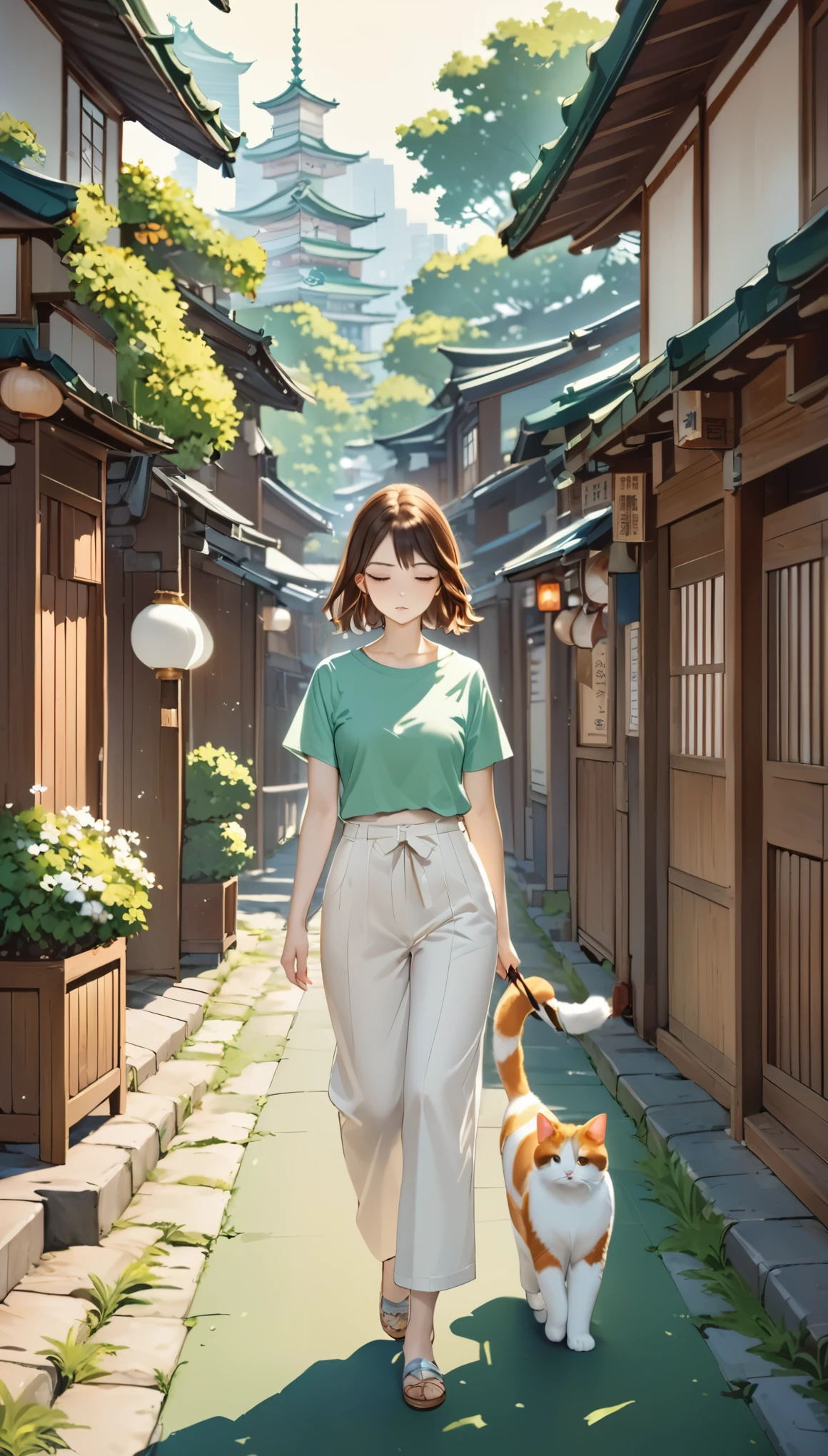 A girl and a calico cat、pretty girl、Calico cat walking with a girl、A girl and a calico cat walking on a promenade、PrintＴshirt、3/4 length pants、Old Japan cityscape、Green Road、Different world、Create silence、