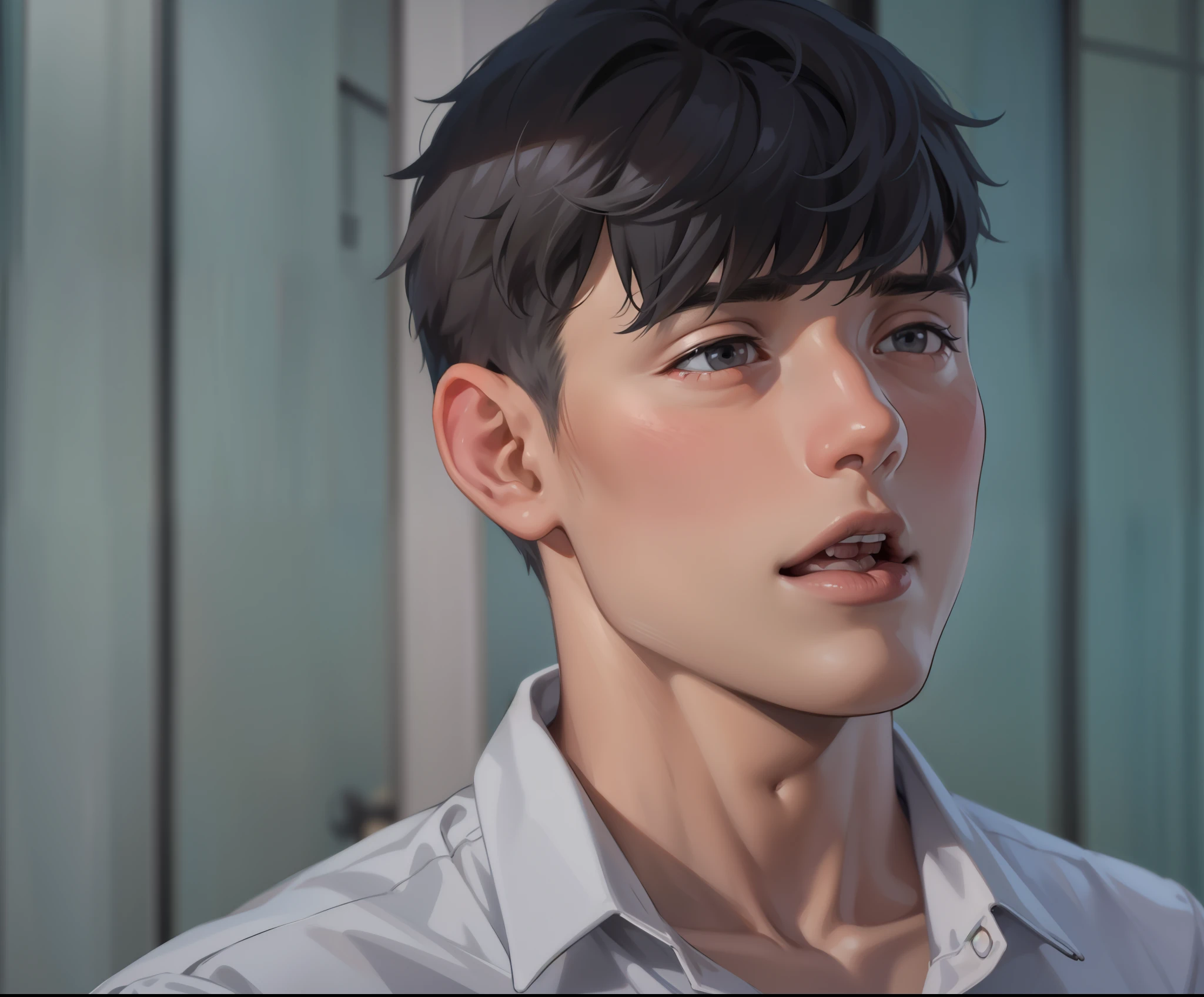 cute 16 year old boy with gray hair and gray eyes speaks with concern