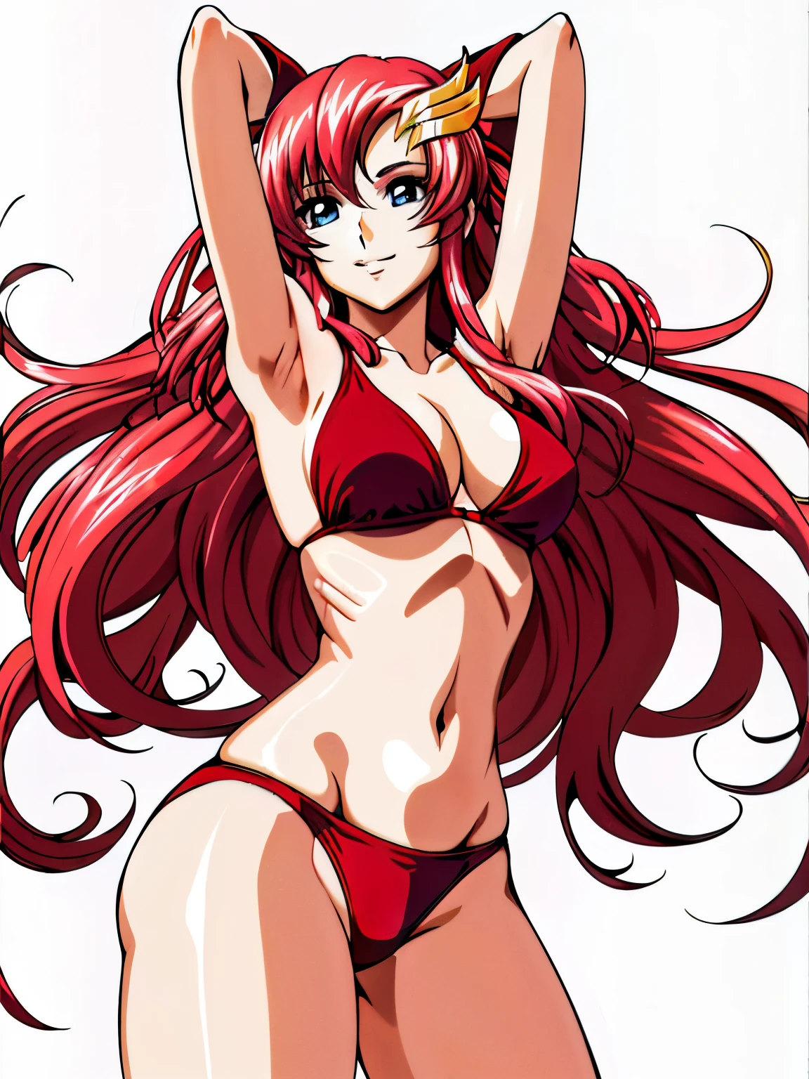 lacus4, (red bikini, running, thong, tall girl, masterpiece, cowboy shot, very slim shoulders, 4K, Best Quality, Anime style: 1.9, happy, Adult Woman, (ultra detailed head), (Drawing lines, high resolution, lacus4), 1girl, Solo, Long hair, clavicle, scapular, (Detailed wide hair bangs, Hair Ornament, Detailed reddish-pink hair, shiny streaks, slim arms, detailed golden crest), cleavage, arms up, large hands, (Big blue eyes, shiny eyes), ((female wrestler, (slim body), slim arms, thighs)), ((perfect proportions, medium-small breasts, long belly)), ((totally red bikini)), smile, (standing, hot colors, closed fists), detailed fingers, (bare shoulders), (background: simple white background only)