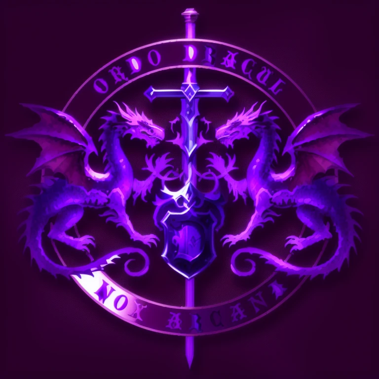 a purple dragon emblem with two swords and a shield, draco, draconianos, dracos, draconic design, Drakengard, draconiano, draconic, Diabo, Inspirado em Drakenguard, Dragon&#39;s Dogma, arte da capa do dnd, com fantasia sombria, logotipo da banda de black metal, purple dragon, dnd, dnd) fundo preto, sem brilho nenhum.