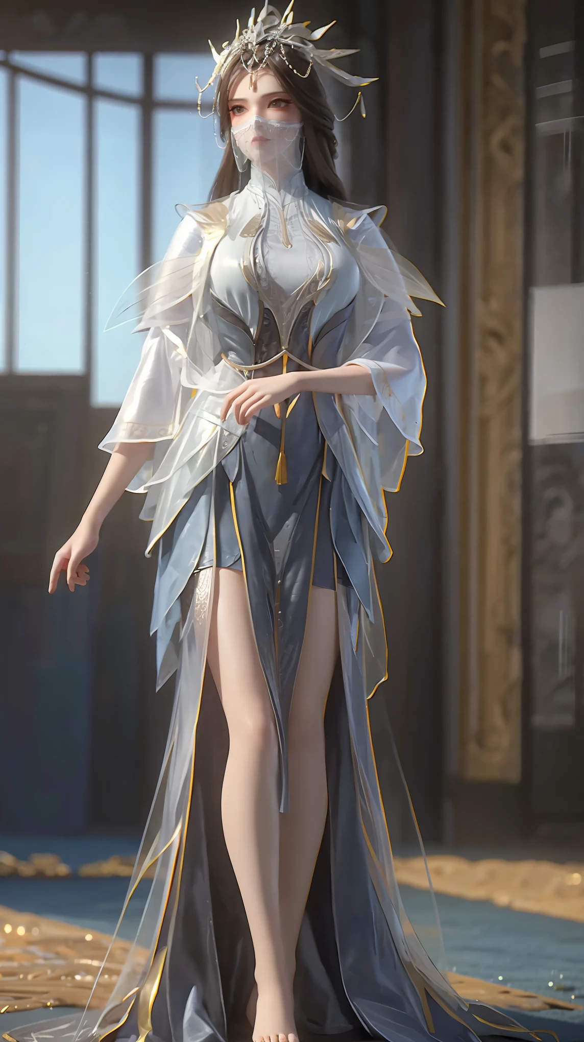 A beautiful girl in a long white dress, multiple layers of skirt, lying on a large bed, full body view, full body capture, barefoot, legs slightly raised, hands placed upwards on the bed, (best quality,4k,8k,highres,masterpiece:1.2),ultra-detailed,(realistic,photorealistic,photo-realistic:1.37),HDR,UHD,studio lighting,ultra-fine painting,sharp focus,physically-based rendering,extreme detail description,professional,vivid colors,bokeh,portrait,((With a veil on the face)),
