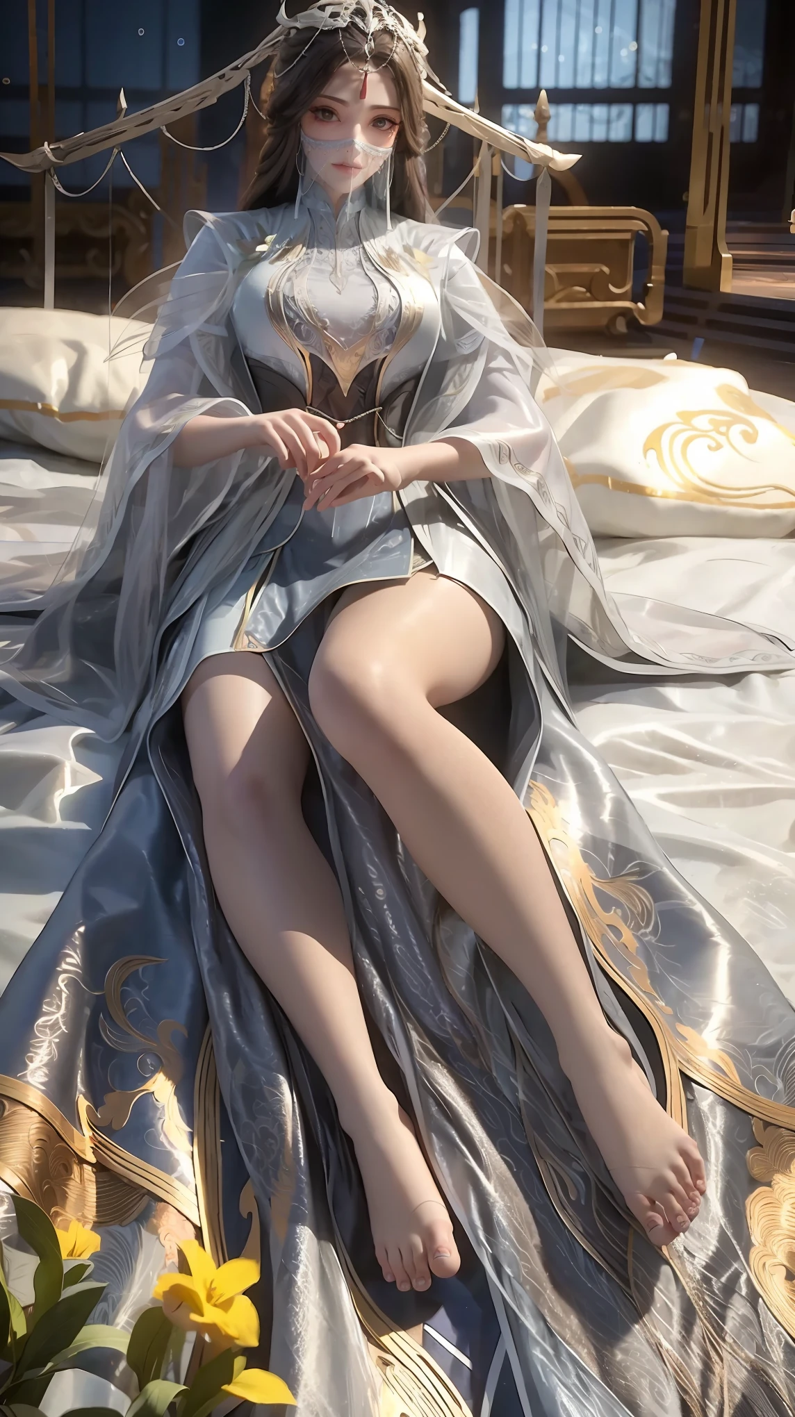 1girl, beautiful detailed eyes, beautiful detailed lips, extremely detailed eyes and face, long eyelashes, white long dress, multilayered dress, laying on a large bed, full body shot, full body capture, barefoot, legs slightly raised, hands placed on the bed above,((With a veil on the face)),
