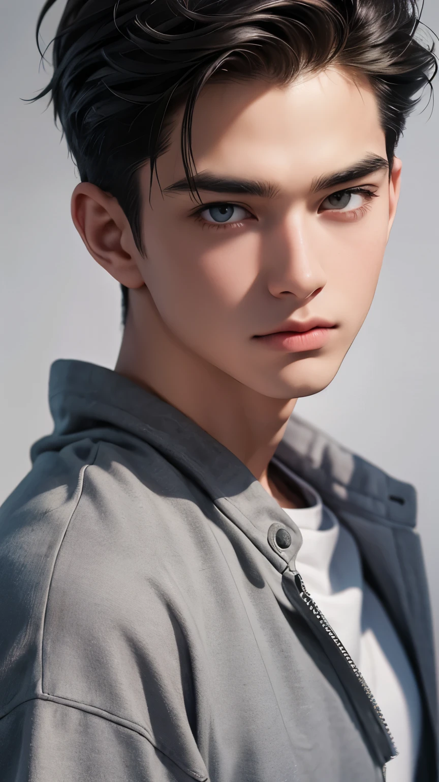 A man wearing loose, comfortable clothing is looking straight into the camera, The background is a plain gray gradient, Close-up