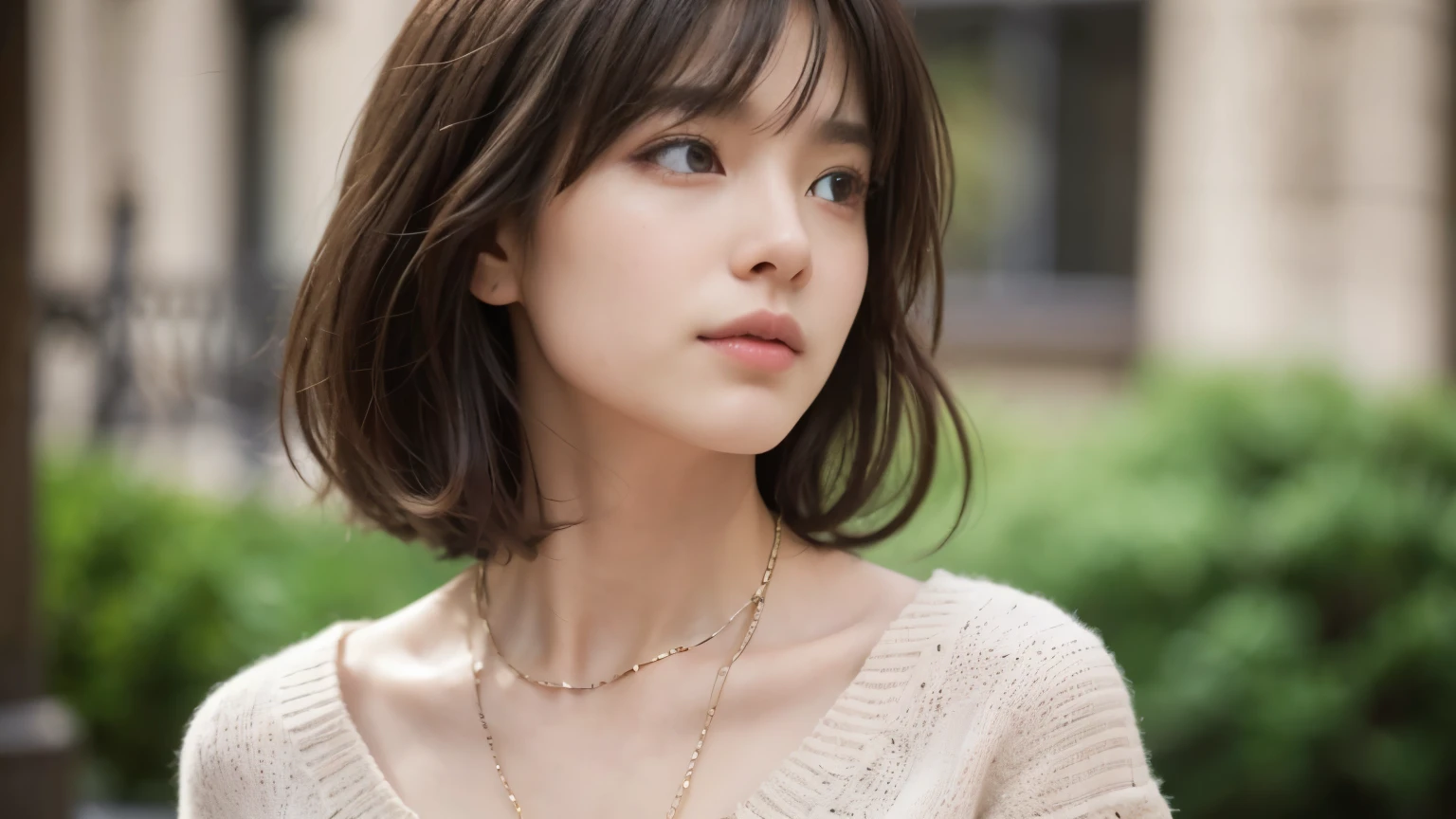 (best quality、8K、32K、masterpiece、nffsw:1.2)、cute日本人女性の写真、very short hair、upper body、surface focus、extra large(Extra large)_sweater、necklace、Cafe Background、Viewer Search x4、(8K、RAW photos、best quality、masterpiece:1.2)、(realistic、photoreal:1.37)、1 girl、cute、professional lighting、photon mapping、Physically Based Rendering、Gradient brunette、short curly hair、Handsome、Excellent image quality、high resolution、1080p、(pretty face)、(Detailed facial depictions)、(Detailed hand description)、(masseter part)、(detailed CG)、 extreme light and shadow、hair is dirty、masterpiece、Rich details、(Exquisite features)、(Best image quality)、(masterpiece)、(detailed eyes)、delicate collarbone、various poses、boss'boss'don't look at the camera、profile、Filmed inside a cafe、spring clothes、simple necklace、to rise