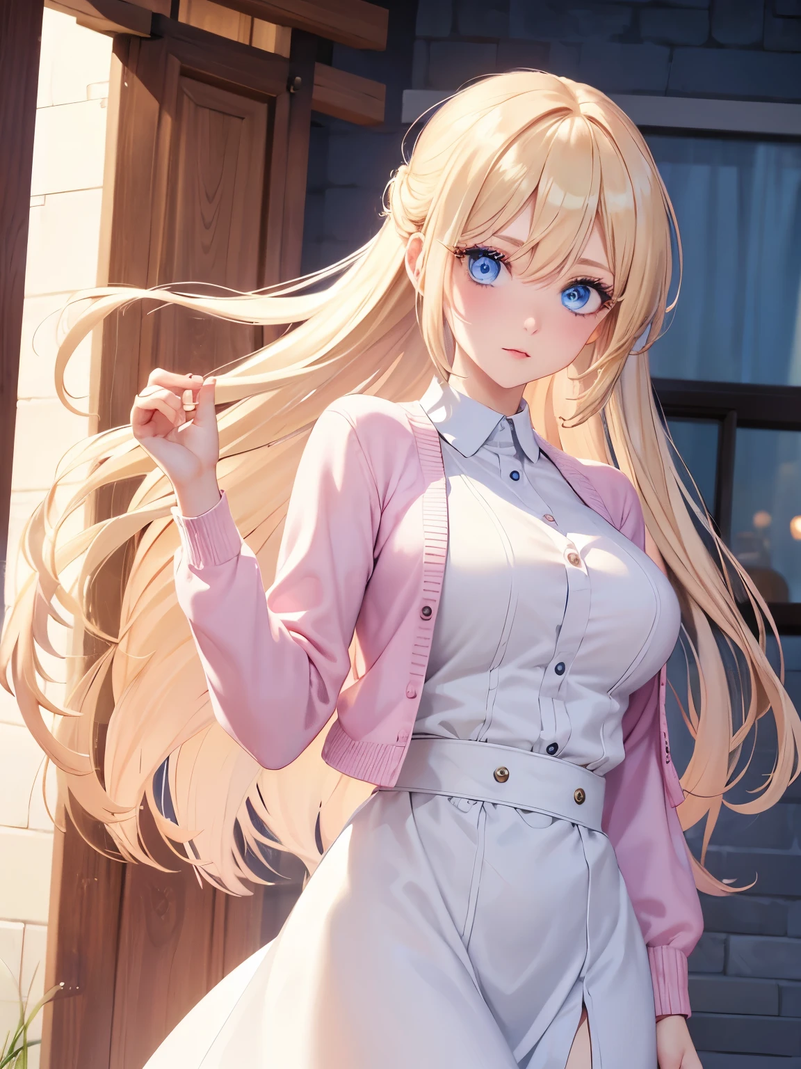 1woman,walking ,blue eyes, Beautiful makeup, long eyelashes,early in the morning,stunning,half body photo, very detailed face,cute,,HD face, perfect face,Short white dress, pink cardigan,very big breasts,Blonde hair,blonde hair,bangs,long hair, straight hair,ultra detail,ultra Hd, masterpiece,4k