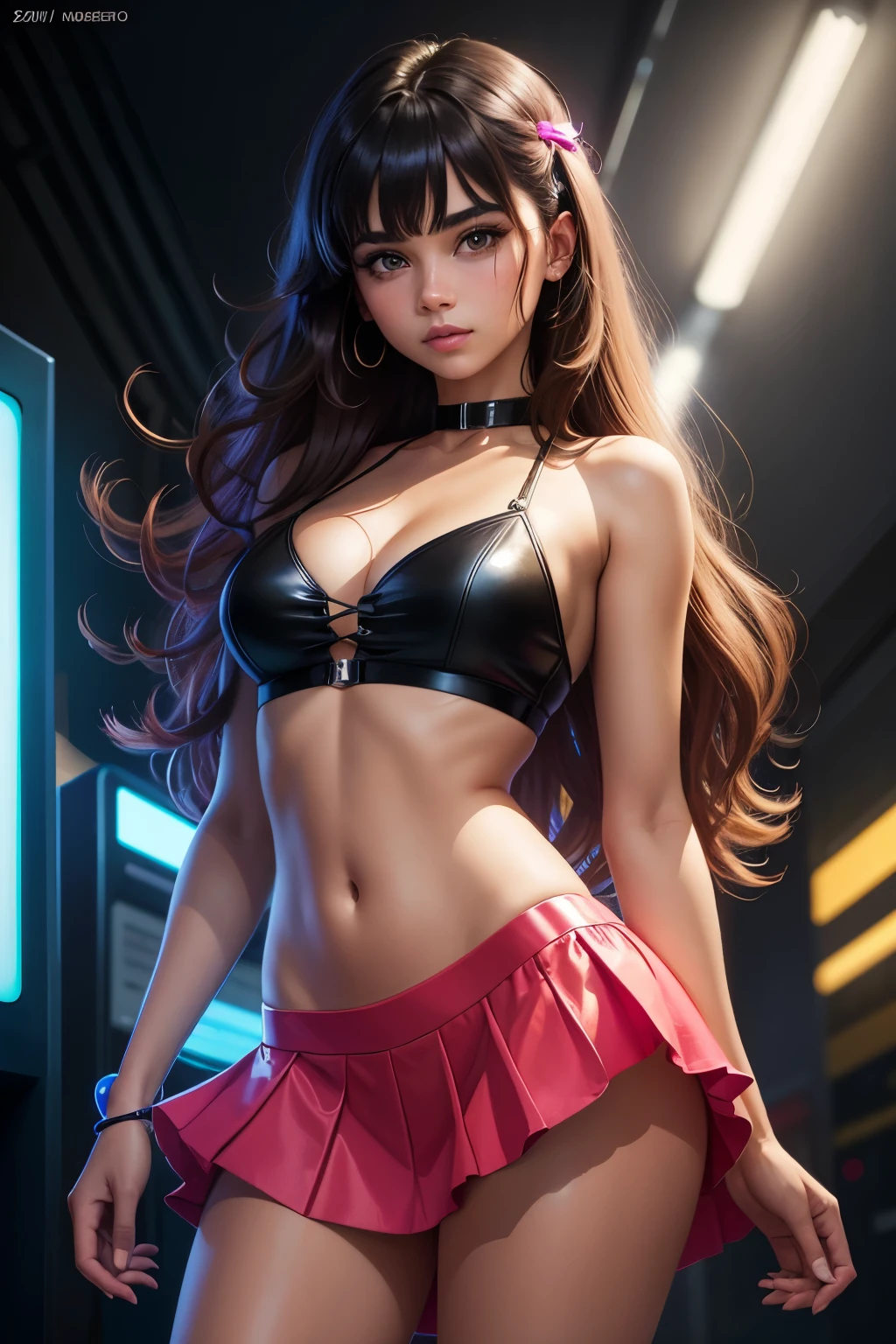masterpiece, top quality, high resolution, latina, neon-infused, top cropped, skirt, beautiful woman, headshot, front view:1.2,long wavy hair, glossy, bangs, side sweep, seductive eyes, almond-shaped, bright, reflecting neon lights, slim waist