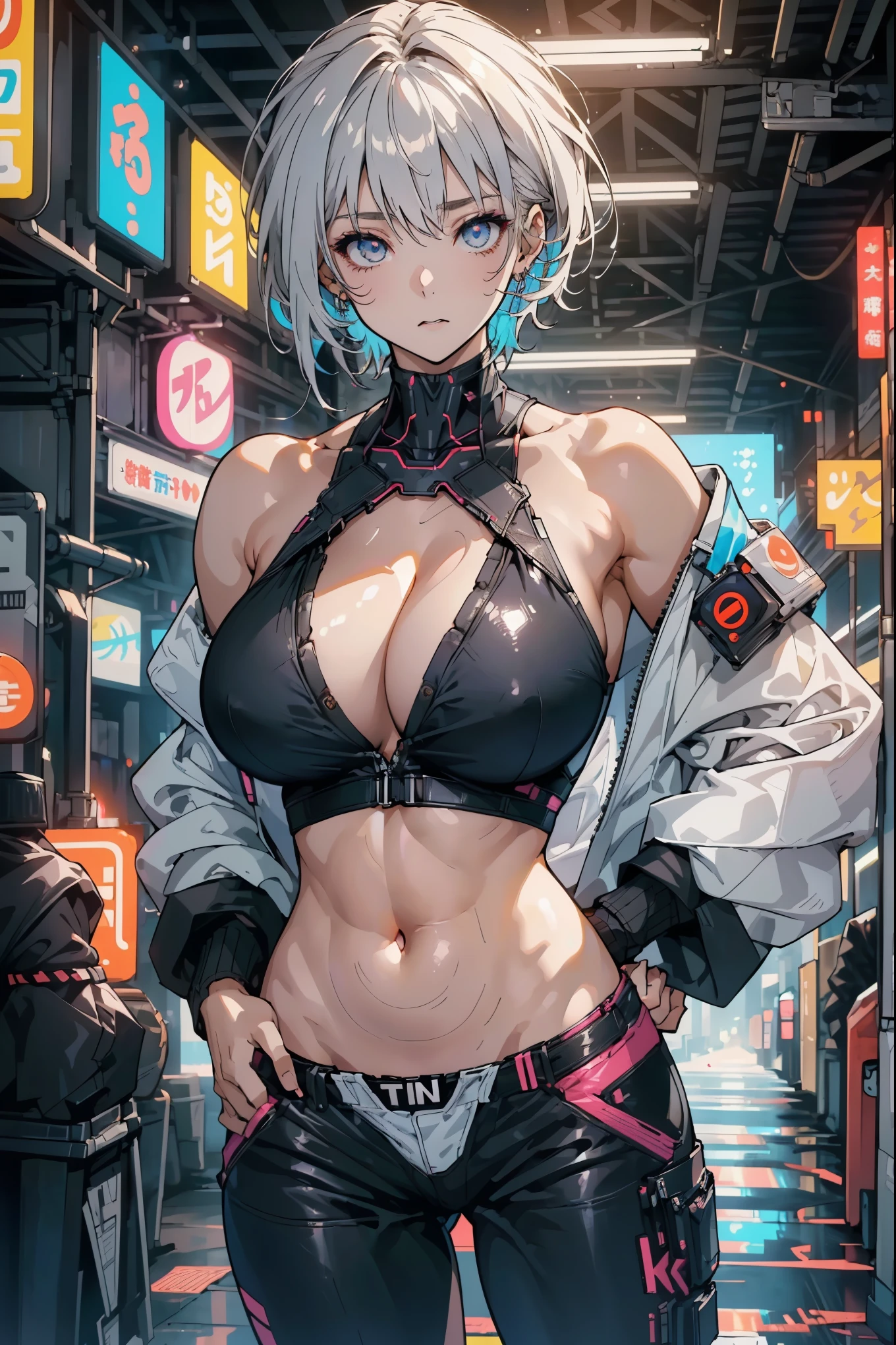 ((Highly detailed CG unit 8k wallpaper, masterpiece, high resolution, best quality)), Structure from head to thigh:1.3, Focus on upper body, 20-year-old female, Short gray hair, Avant-garde makeup, Hands in pockets pose:1.5, Cyberpunkファッション, Blurred background, Cyberpunk, Empty alleys, theater lighting, Anime style, Simple lines, number,huge , Crazy breast swelling, Chest larger than shoulder blades, Big breasts and thin waist,(huge breasts:1.2),Hydrated skin((rogue))((非常huge乳房)),((Grooves reveal original skin))