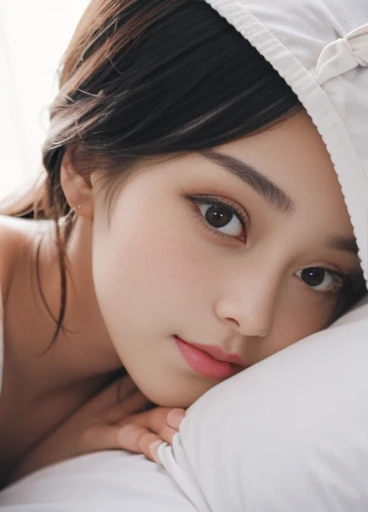 (top-quality:0.8)、(top-quality:0.8)、perfect anime illustration、Extreme close-up portrait of beautiful woman in white underwear relaxing in bedroom