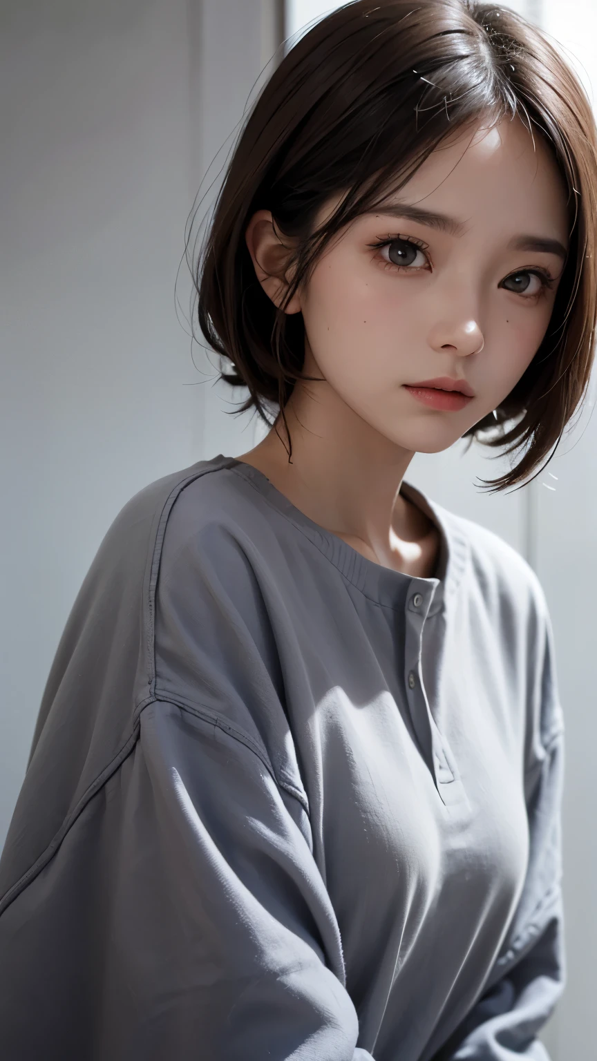 A woman in loose, neat clothing is looking straight into the camera, A look on the face of a loved one, The background is a plain gray gradient, Close-up