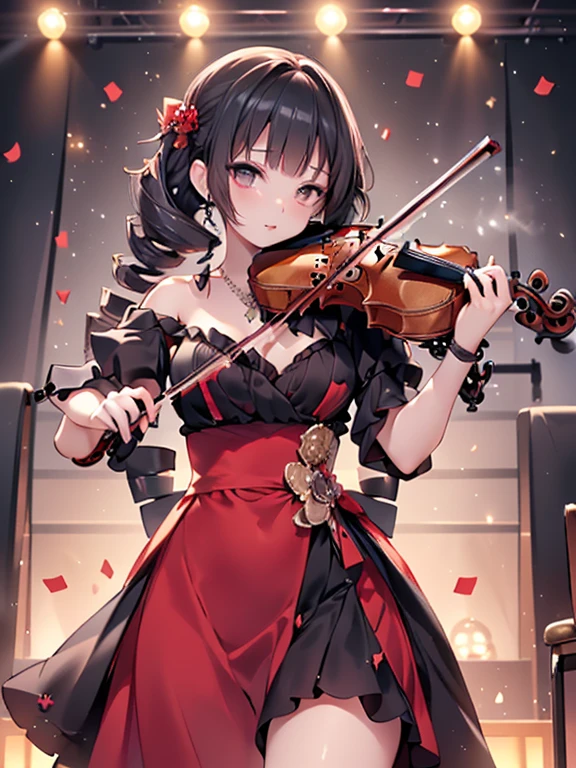 masterpiece, highest quality, Very detailed, 16k, Ultra-high resolution, -yeld gi Detailed face, Anatomically correct, black eye, Black Hair, Long Hair, Drill Hair, (mega twin drills:1.5), (Red dress:1.5), Shoulder-to-shoulder clothing, Skirt with a widened hem, necklace, stage, Chair, sit, (violin:1.5), (少女はChairに座ってviolinを演奏する:1.5)