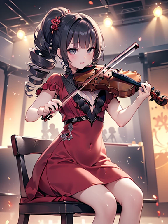 masterpiece, highest quality, Very detailed, 16k, Ultra-high resolution, -yeld gi Detailed face, Anatomically correct, black eye, Black Hair, Long Hair, Drill Hair, (mega twin drills:1.5), (Red dress:1.5), Shoulder-to-shoulder clothing, Skirt with a widened hem, necklace, stage, Chair, sit, (violin:1.5), (少女はChairに座ってviolinを演奏する:1.5)