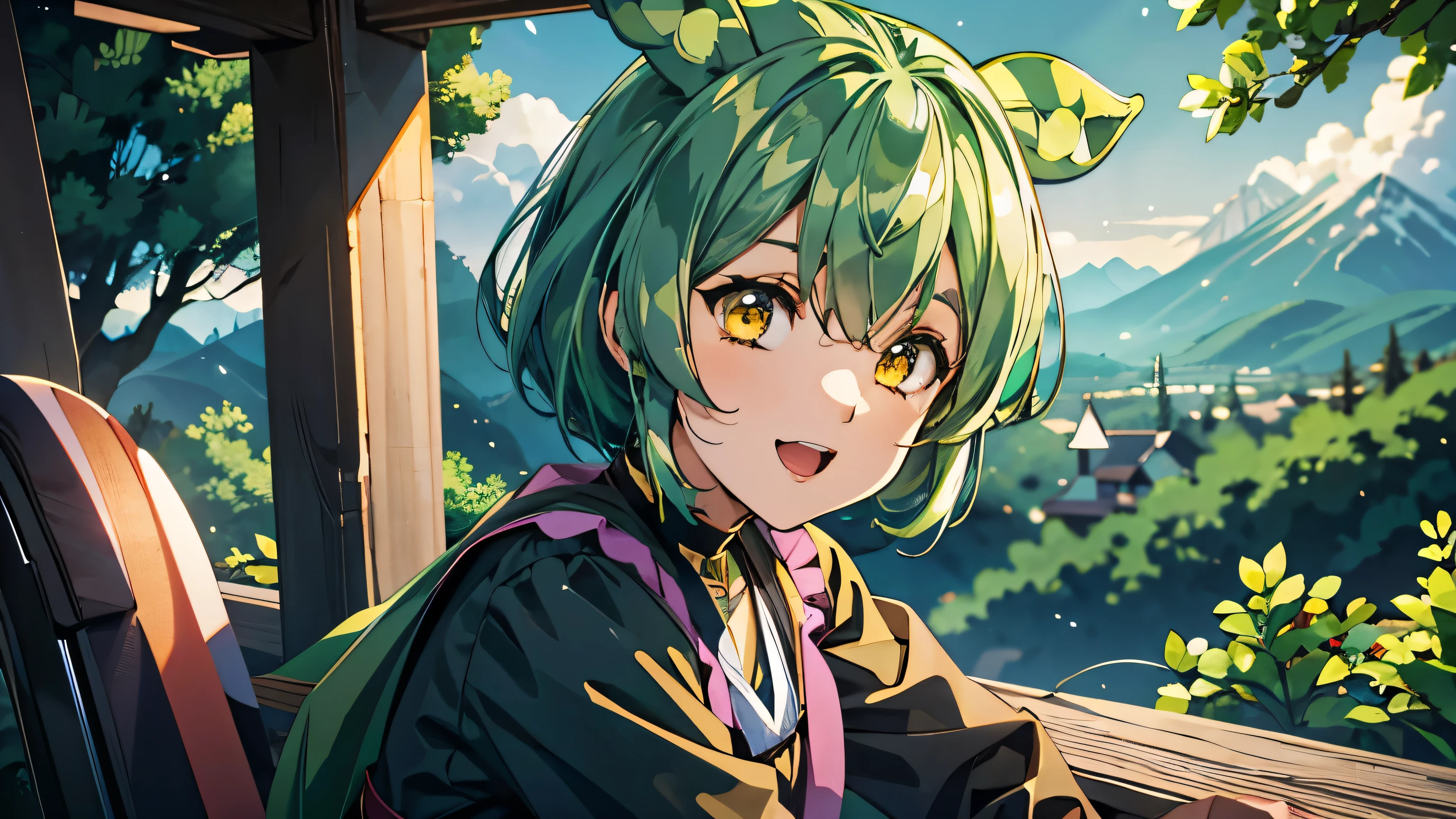 Dark green hair, eyes are yellow, scenery, Mountain, Upper Body, smile, Sitting, Open your mouth, Particles of light, Looking at the audience, Face Focus