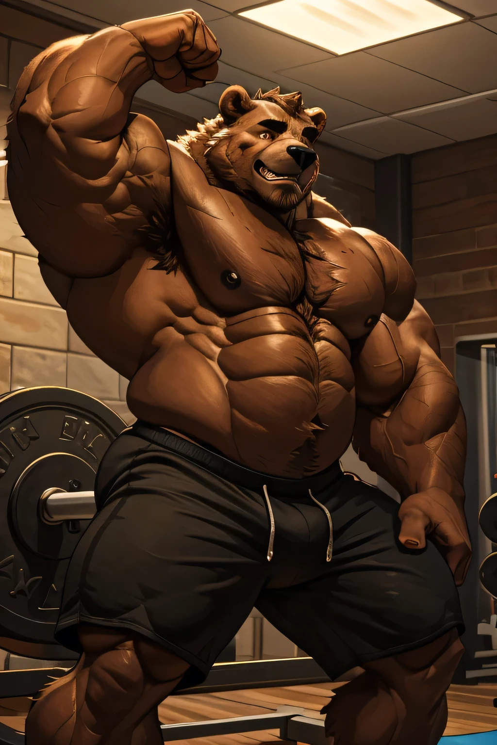 (best quality, 4k, highres, masterpiece:1.2), ultra-detailed, fury, furry art (realistic, photorealistic, photo-realistic:1.37), massive muscular, huge muscular, chubby Grizzly bear, working out, doing barbell bench presses in the gym, pumping his huge pectoral muscles, straining, sweating, black shorts and black wristbands, lifting heaviest weight, barbells, gym equipments, brown hair, thick brown fur, super thick arms, super big pectoral, super wide hairy pectoral, topless, shirtless, eyebrows, impressive brown beard, strong jawline, kind eyes, strong arms, proud posture, well-built physique, professional lighting and backdrop, intense shadows, vibrant colors, dramatic composition, gritty texture, vintage aesthetic, dynamic perspective. Add textures and details to make the image more realistic, such as the appearance of the body built muscles texture and the appearance of the brown fur, pumping up