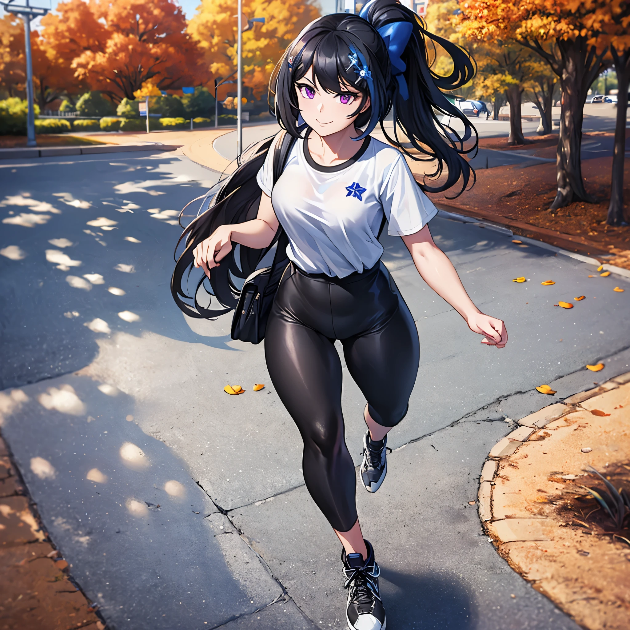 A woman wearing a white shirt, with a guitar on her shirt, wearing tight black pants, wearing sports sneakers, long black hair, ponytail hair, barrette with a blue isreal star symbol, walking on the sidewalk of a park in autumn weather, smiling, purple eyes, full body(solo woman),flower, UHD, masterpiece, accurate, anatomically correct, textured skin, super detail, high quality, best quality, 8k, high resolution, bokeh effect.