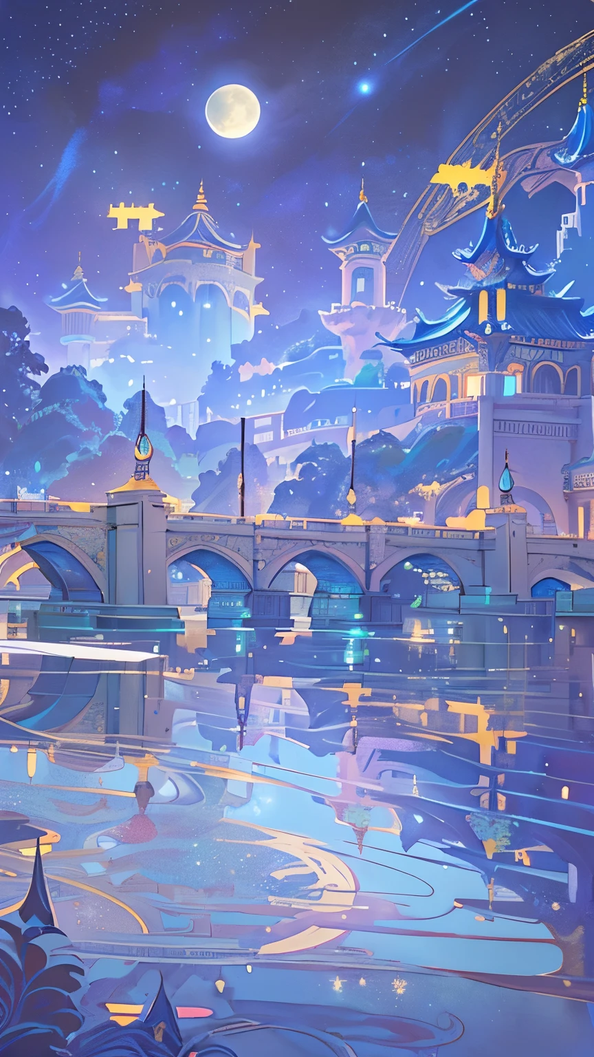 A bridge with a full moon in the sky, Palace Background, Background of Fuxing Port City, Stunning mysterious background, Background artwork, Downtown Background, Town Background, Anime Background Art, ballroom background, Random background scenes, Fairy tale style background, Background Art Deco Palace, fantasy city background, Kingdom of Light Background, Royal Garden Background, Starry sky environment under moonlight