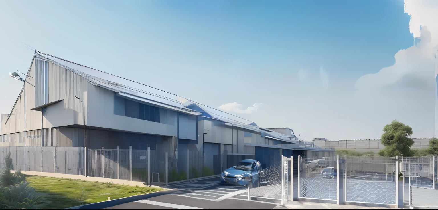 (Architectural sytle), ((Modern style Factory)), ((Fence)), (Masterpiece), (Best quality), ((Roofs tole bule)), Dramatic lighting, Sky, Day, Tree, Cloud, Blue sky, Road, (Car), Truck, Sunlight, (super realictic), high detailed, Plants, Geometric shapes
