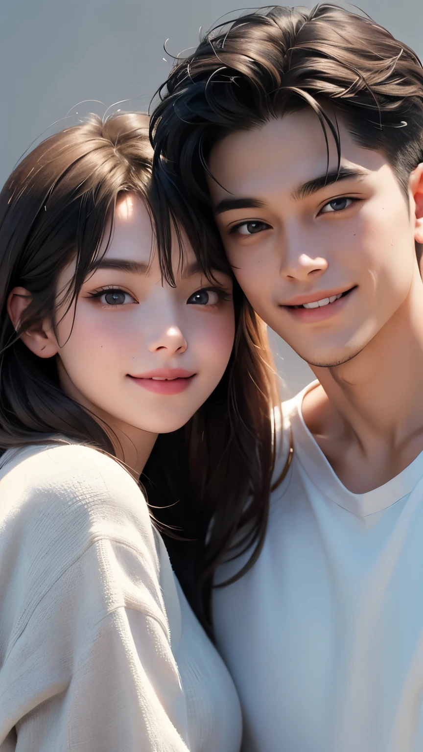 A man and a woman in loose, refreshing clothes are rubbing cheeks together、Looking straight at the camera and smiling, The background is a plain gray gradient, Close-up