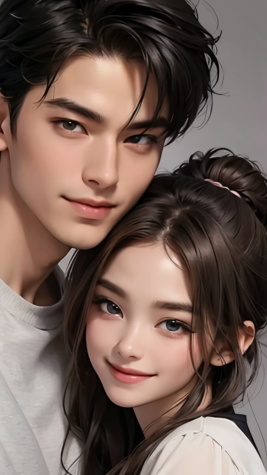 A man and a woman in loose, refreshing clothes are rubbing cheeks together、Looking straight at the camera and smiling, The background is a plain gray gradient, Close-up