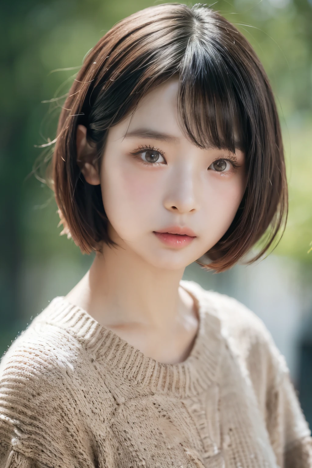 Close-up of woman wearing sweater posing for photo, middle metaverse, nara michi, japanese model, beautiful asian girl, with short hair, 2~4 year old female model, 4K ], 4K], 2 7 years old, sakimichan, sakimichan