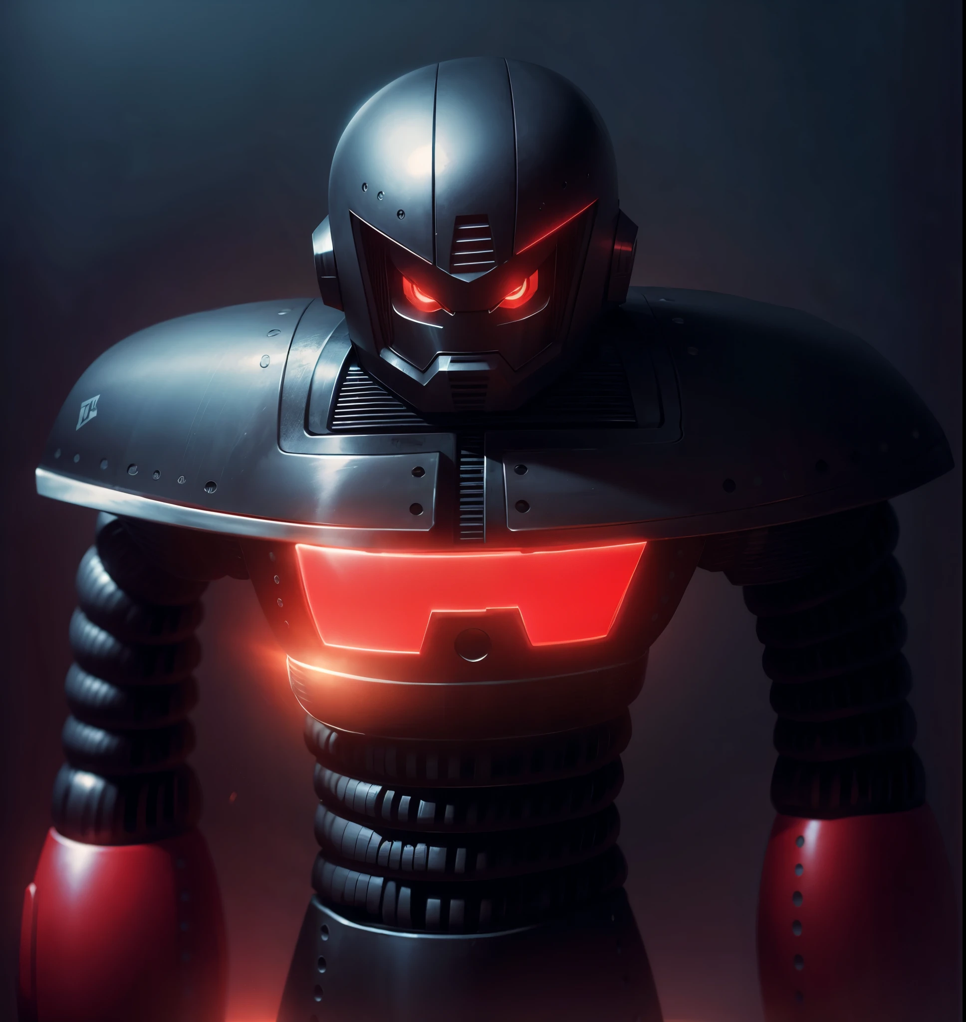 Round armor, robot, cyber, high quality, black iron body, red eyes, battlefield in the background,