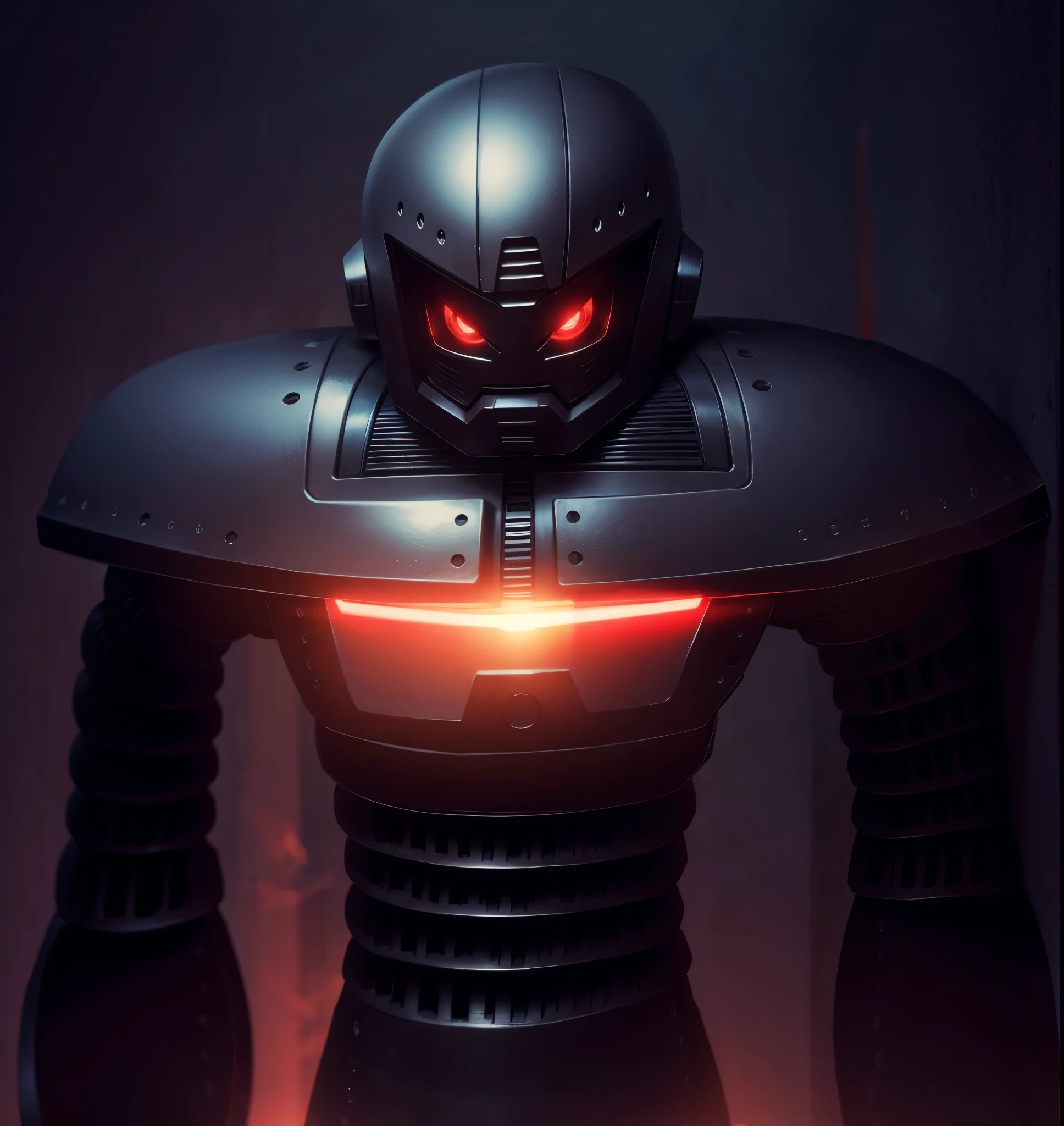 Round armor, robot, cyber, high quality, black iron body, red eyes, battlefield in the background,