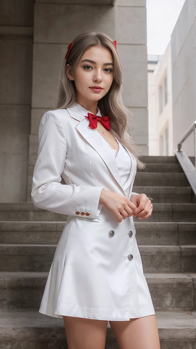 ((A girl standing on the stairs of the school)),top quality work,Real work,Ultra premium graphics,8K HD CG Works,high quality graphics,High-definition CG works,10x pixels,super fine details:1.1,Advanced technical details:1.1Photo-realistic,Natural light:1.5. light effect(virtual light effect:1.8),超A high resolution,shiny red dress,長いsilver hair,silver hair,transparent hair,high detail hair(premium hair detail:1.1)clear eyes,beautiful double eyelids,sharp eye makeup, delicate eyelash makeup, thin eyebrows, highly detailed eyes,high nose, nice red lips, rose cheeks, A face with delicate makeup , cute face, perfectly proportioned face,(Advanced facial details:1.1),shiny,Wonderful dress,bright red series,(white blazer) 、(white blouse)、(red bow tie)、(checked skirt)、、girls 、photo shoot,woman'artwork of,full body figure,realism,wonderful,My eyes are shining today、(smile),(white panties are visible)