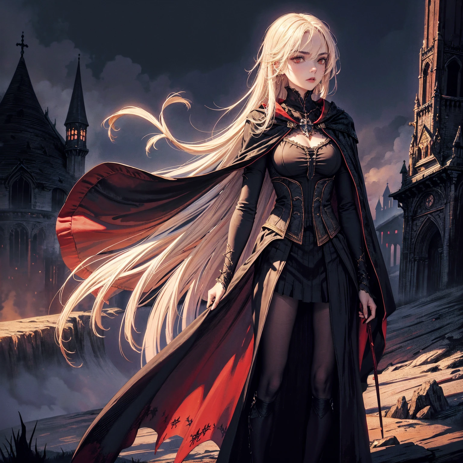 best quality, 4k, high resolution, masterpiece:1.2, Very detailed, actual:1.37, Mood lighting, girl in cloak, Wearing a tight gothic skirt that shows a little skin above the chest, Dangerous sneer, Stand sideways, Crucified, Pitch black sky, Red Moonlight, strange atmosphere, Gothic style, Unforgettable beauty, Dramatic shadows, Ethereal Light, Mysterious atmosphere.