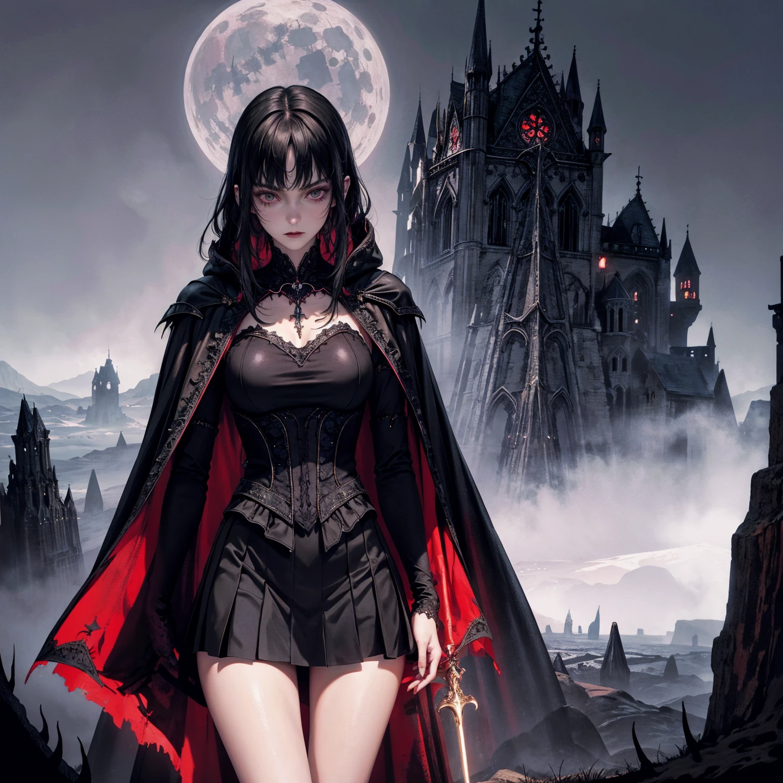 best quality, 4k, high resolution, masterpiece:1.2, Very detailed, actual:1.37, Mood lighting, girl in cloak, Wearing a tight gothic skirt that shows a little skin above the chest, Dangerous sneer, Stand sideways, Crucified, Pitch black sky, Red Moonlight, strange atmosphere, Gothic style, Unforgettable beauty, Dramatic shadows, Ethereal Light, Mysterious atmosphere.