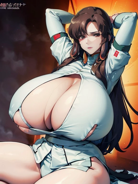 masterpiece, highest quality, Very detailed, 超High resolution, Realistic, 4K, 8k, highest quality, masterpiece, Best image quality, Very detailed, 超High resolution, Realistic描写, anime, comics, masterpiece, highest quality, High resolution, (((1 girl)))、(Huge Saggy Tits 1:2),((Brown Hair))、((Long Hair))、((White Uniform))、((Murrue Ramius))、((Gundam Seed))、(((Squat)))、(((Leg spread)))、(((arms behind head)))