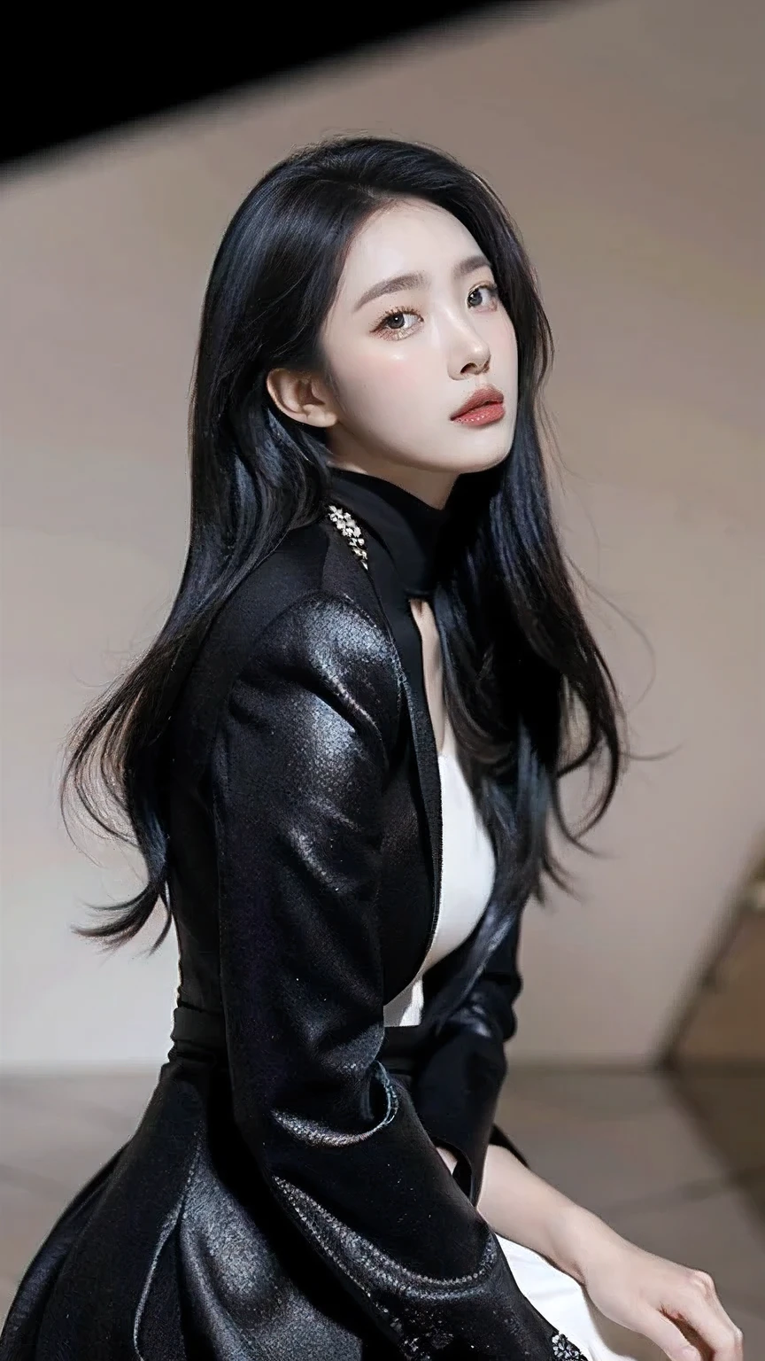 Title: "Elegance in Monochrome: Inspired Beauty" Description: Behold the epitome of elegance and beauty in this stunning portrait of a woman captured in exquisite detail. With her captivating face and mesmerizing eyes enhanced by cosmetic touches, she exudes sophistication and allure. Dressed in a black blazer, she stands with poise against a pristine white background, her black hair framing her face with elegance. Her red glossy lips add a touch of glamour to the scene, while her big eyes draw you in with their depth and intensity. Every aspect of her face is rendered in extreme detail, from the subtle contours to the delicate features. This high-quality, 8K wallpaper captures her beauty in its purest form, inviting you to admire her timeless elegance and grace.