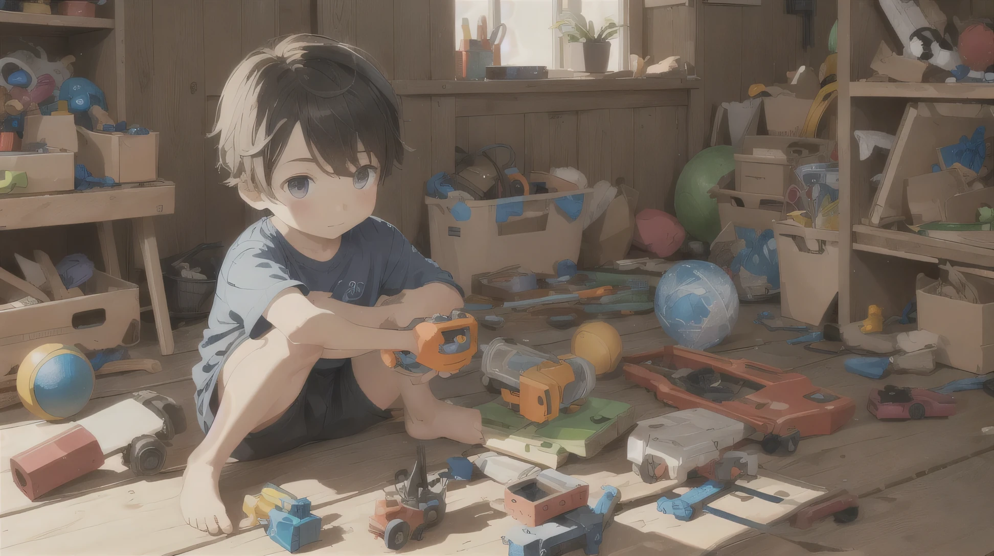 Little boy Orion, with bright eyes and skillful hands, is always exploring and creating toys from waste materials.