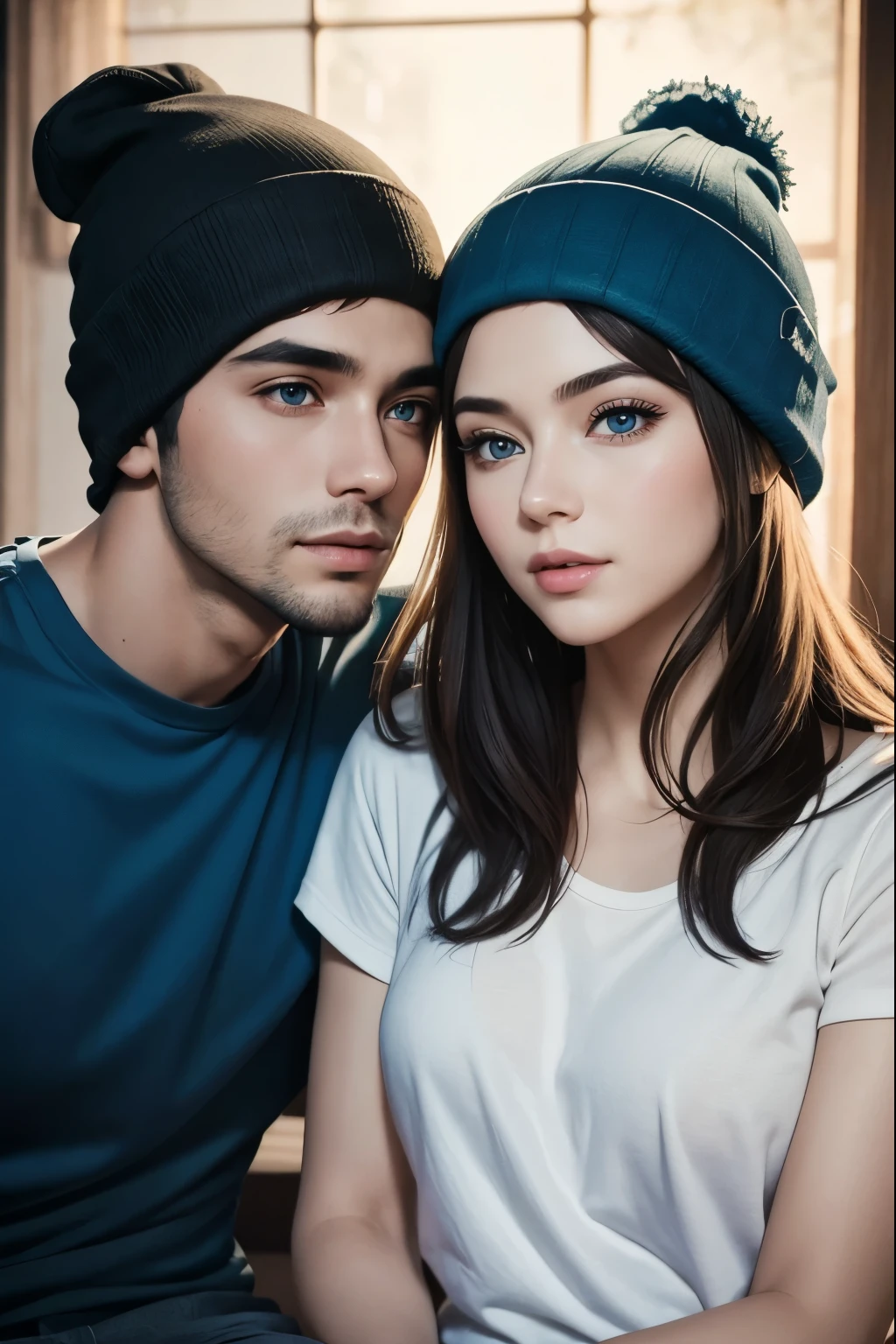 realistic couple 1man 1 girls, full body shot A young man in a blue t-shirt and beanie, beautiful detailed eyes, beautiful detailed lips, extremely detailed face, longeyelashes, with his attractive, charming partner, well-matched as a couple, high quality, 8k, photorealistic, masterpiece, studio lighting, ultra-fine painting, sharp focus, vivid colors, natural lighting, romance, couple, portrait