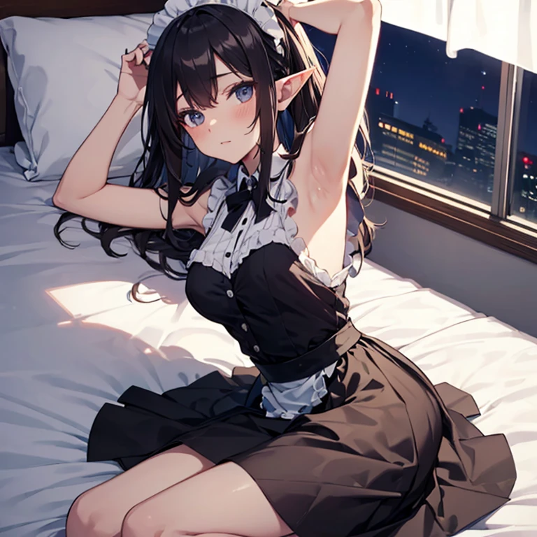 A maid, (in bedroom), various hair styles, night, details face, short skirt, seducing, sleeveless, maid uniform, armpits, elf, laying on bed