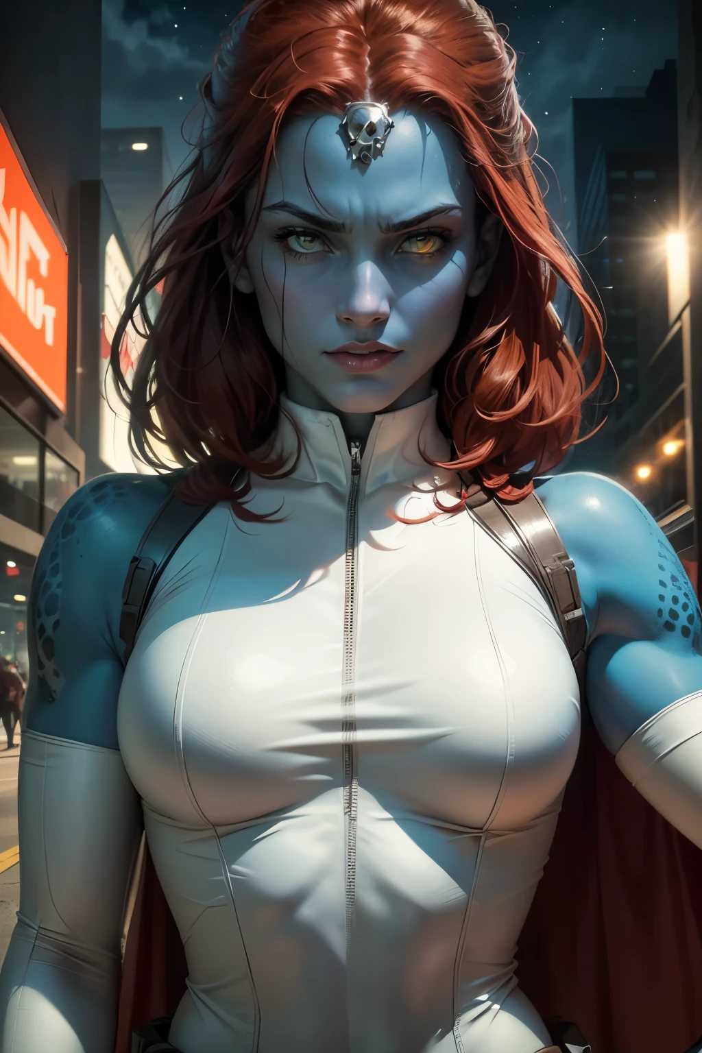 8k, mystique, on a scycraper, nighttime, (cool superhero pose), detailed pupils, white bodysuit, skull belt, masterpiece, best quality, detailed, comics style, (looking at viewer:1.25), 25 years old, blue skin, red hair, yellow eyes,