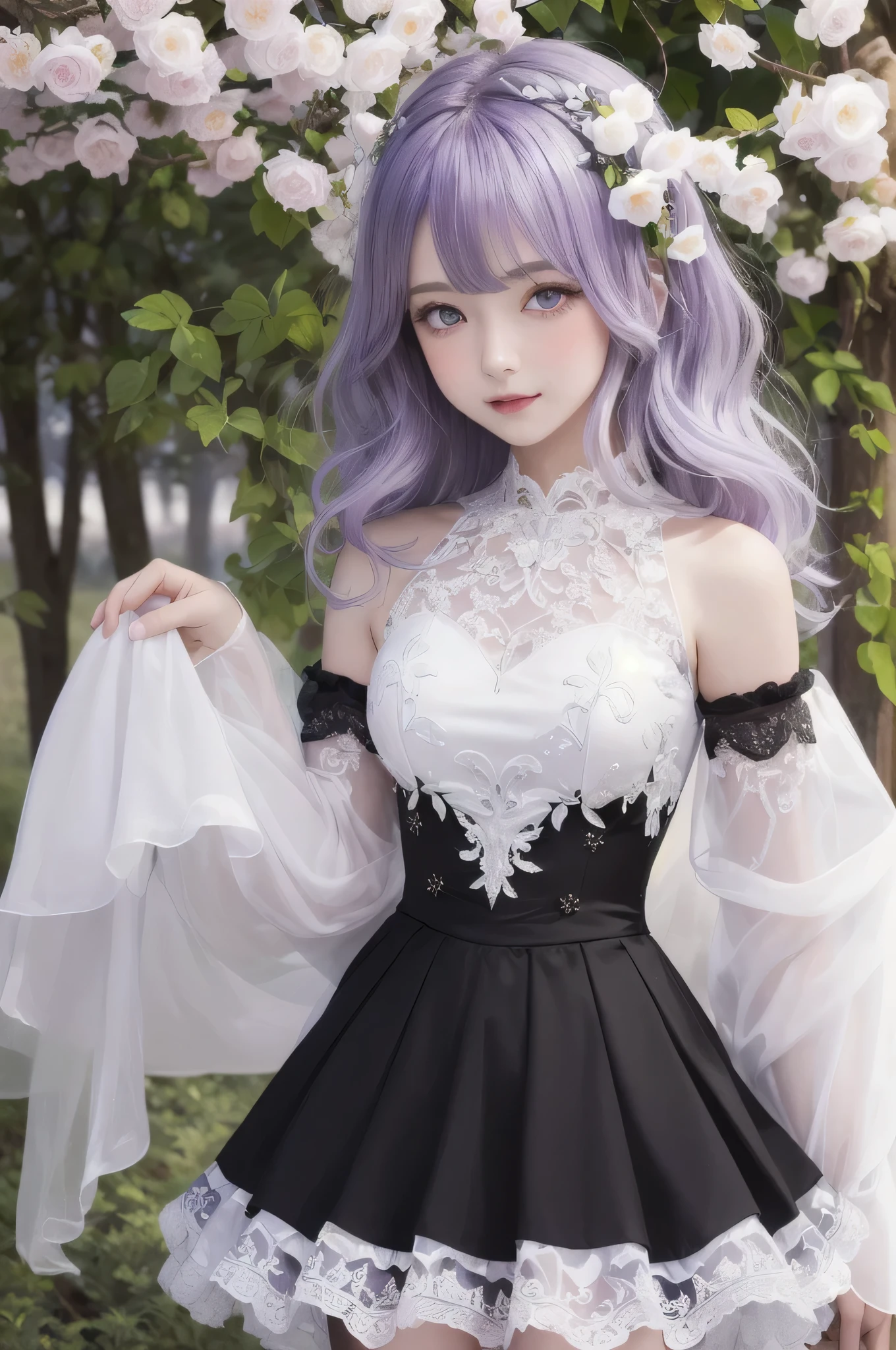 (highest quality:1.4), High resolution, masterpiece, One girl, (Light purple hair:1.1), Purple eyes, Medium chest, hair ornaments, (black|White Made Dresses:1.2), Removable sleeves, black pantyhose, blush, Home, Detailed face, blossom flower field