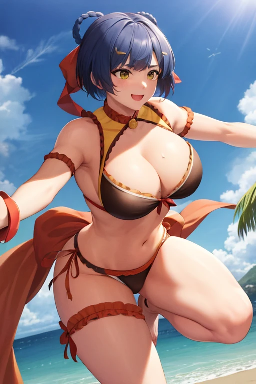 masterpiece, best quality, beautiful art, high resolution, well formed hands, body and fingers, 1 woman, solo, Xiangling, adult , grown up, wearing a Mata Hari outfit, , arabian belly dancer, adult, big breasted, cleavage, hair ribbon, full body, sexy and skimpy outfit , gorgeous legs and thighs , she is fighting in a combat match, showing her fighting skills, making her guard, about to hit the viewer, looking at the viewer, sweating, bouncing breasts, smiling joyfully and brightly, being confident and proud, action and fighting scene, martial arts arena with beach environment