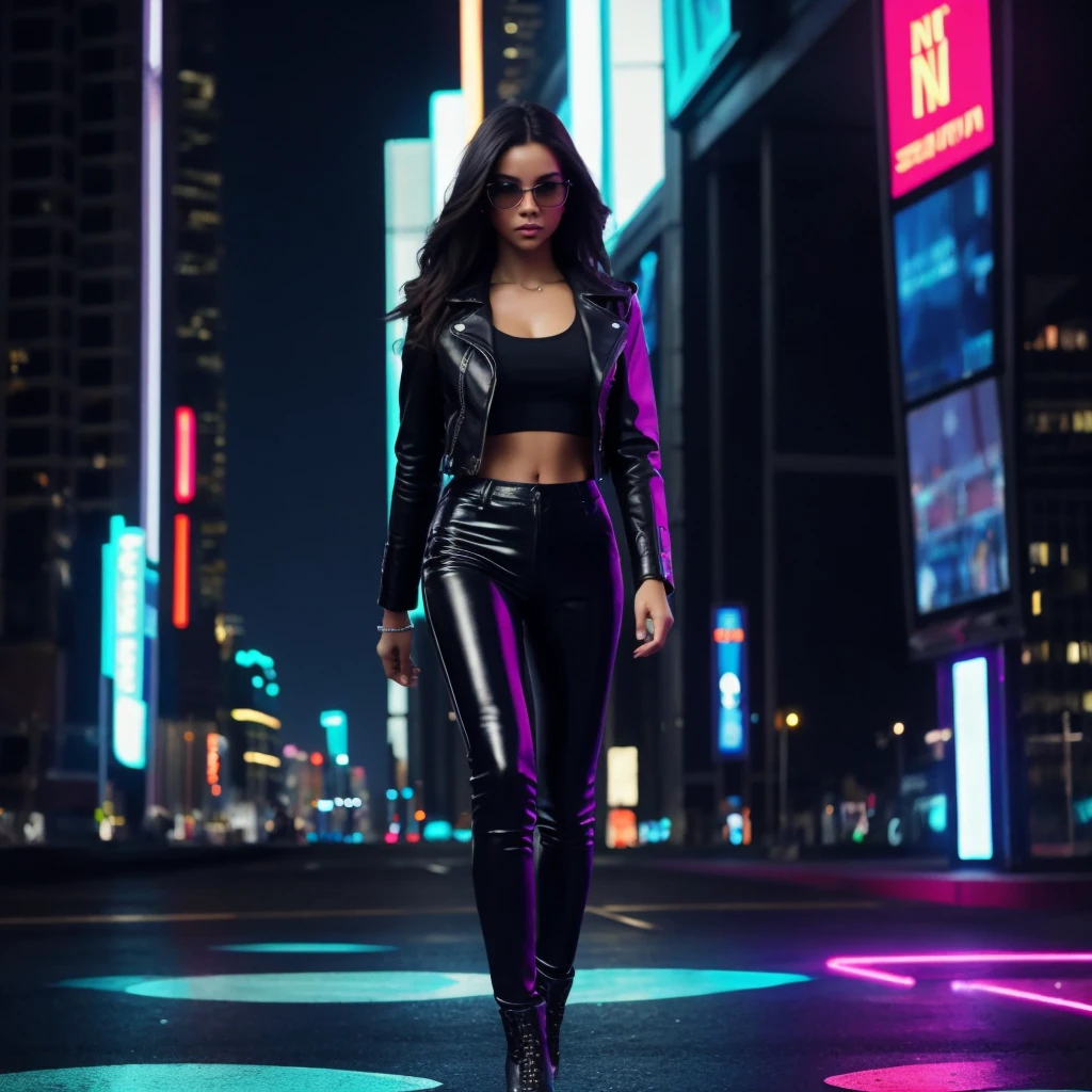 Cinematic full body photograph of a beautiful  female walking toward the camera, slim fit slender toned lean,  leather pants, black jacket, city of the future, neon city, hologram billboards