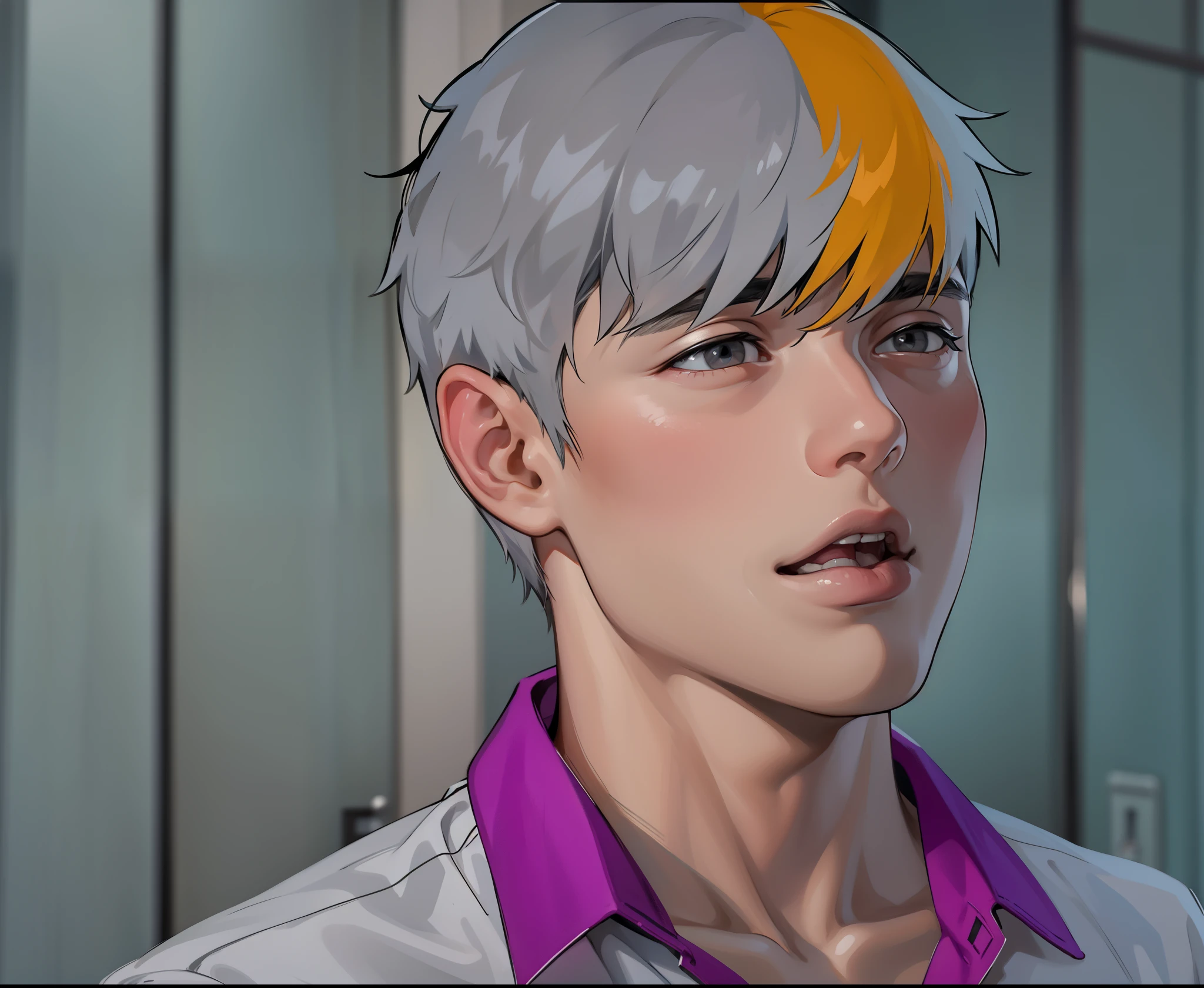 cute boy with gray hair and gray eyes speaks with concern