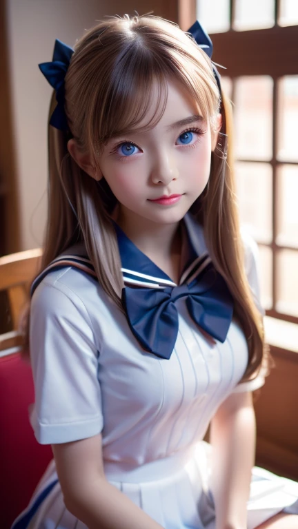 (muste piece, best quality:1.2), From above, 8K, official art, Raw photo, incredibly stupid, (upper body whole body, sailor uniform, Serafuku, Wariza sitting down:1.4), slouch、blonde beautiful girl, idol face, arch back, pleated skirt, thighs, close up of breasts, , super long straight blonde silky hair、Big light blue eyes、beautiful eye highlights, Gardenia, Violacea, Ten generations, classroom, Looking at Viewer, No makeup, film grain, chromatic aberration, sharp focus, face light, dynamic lighting, cinematic lighting, detailed face, bokeh background, (Dark red bow tie:1.3)、A peerless beautiful girl、small face beautiful girl、round face、rich bust