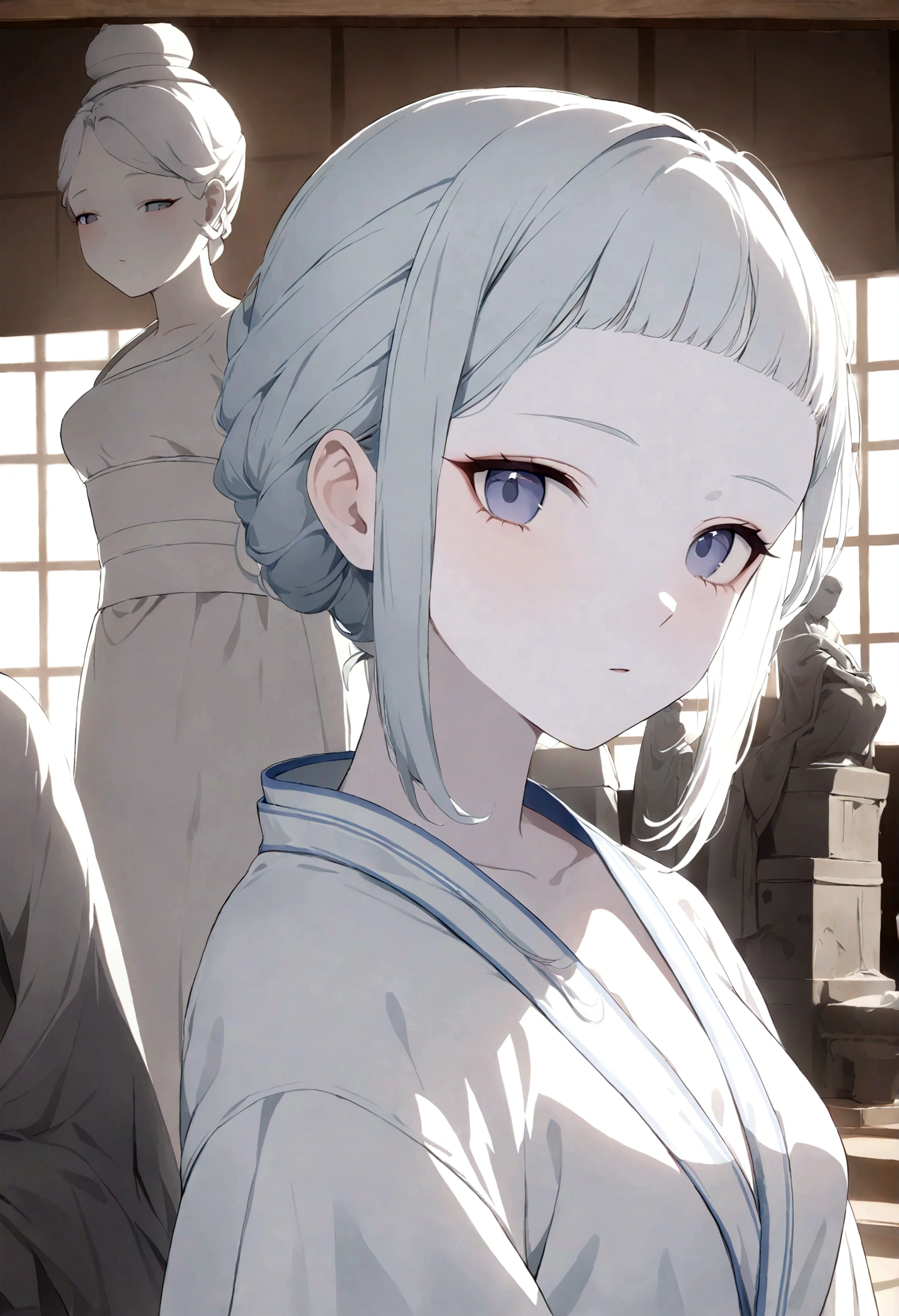 Close up of a female statue in a white dress, Statue inspired by Gouan, cg Social Hotspot, realism, white Hanfu, palace , a girl in Hanfu, Porcelain white skin, porcelain white face, pale milky Porcelain skin, Hanfu, White Ji haircut, Japanese porcelain mannequin, Porcelain skin