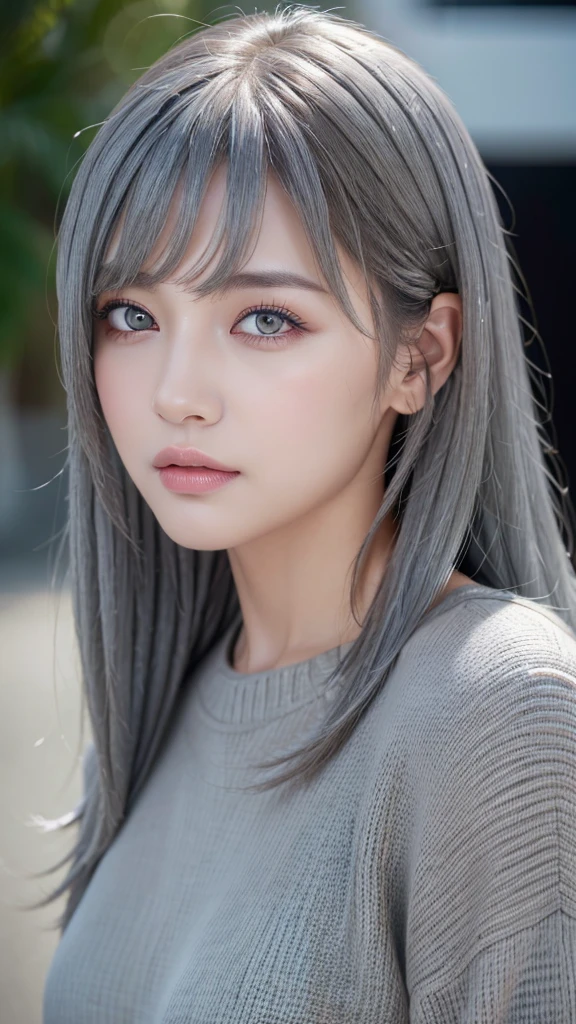 (Masseter region:1.3)、(8k、Realistic、RAW Photos、highest quality: 1.4)、(One Girl)、Beautiful Face、(Lively Faces)、(Gray Hair:1.5)、(Medium Hair)、Beautiful Hairstyles、(One eye is hidden by bangs:1.5)、Realistic eyes、Beautiful details、(Realistic Skin)、Beautiful skins、(Black sweater)、Absurd、Charm、Embarrassing、超A high resolution、Surreal、High resolution、Golden Ratio