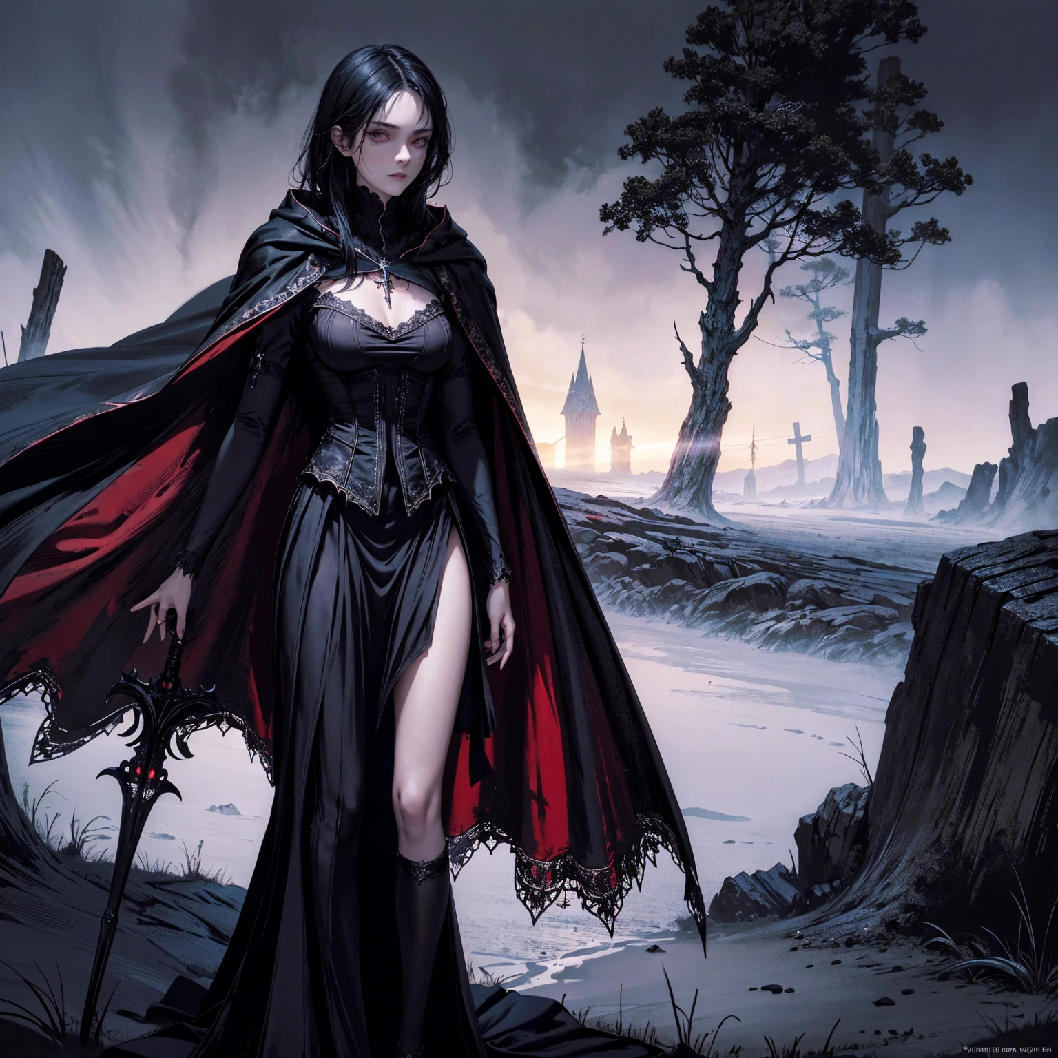 best quality, 4k, high resolution, masterpiece:1.2, Very detailed, actual:1.37, Mood lighting, girl in cloak, Wearing a tight gothic skirt that shows a little skin above the chest, Dangerous sneer, Black Hair, Stand sideways, Crucified, Pitch black sky, Red Moonlight, strange atmosphere, Gothic style, Unforgettable beauty, Dramatic shadows, Ethereal Light, Mysterious atmosphere.